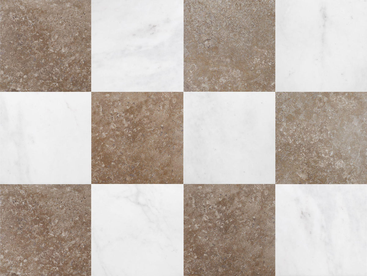 Afyon White Honed &amp; Noce Dark CC Honed 12&#39;&#39; x 12&#39;&#39;  x 3/8&#39;&#39; Checker Board Field Tile