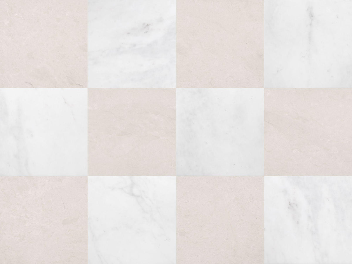 Afyon White Honed &amp; Crema Ella Honed 12&#39;&#39; x 12&#39;&#39;  x 3/8&#39;&#39; Checker Board Field Tile
