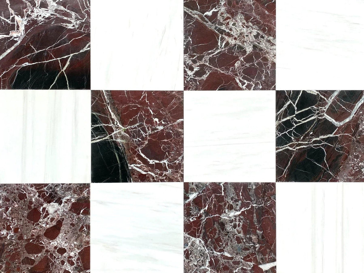 Glacier White &amp; Rosso Levanto 12&#39;&#39; x 12&#39;&#39; Polished Checker Board