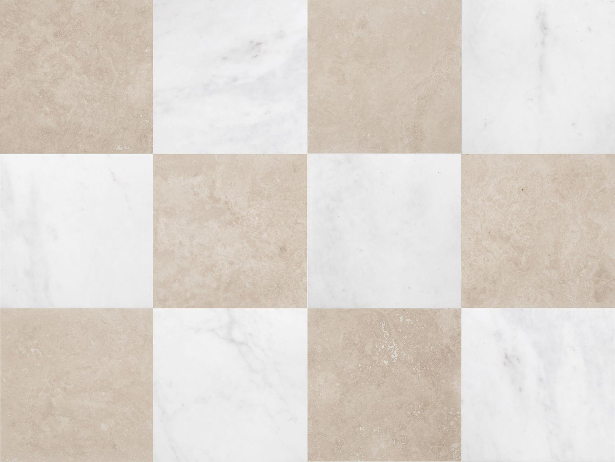 Afyon White Honed &amp; Classic Light CC Honed 12&#39;&#39; x 12&#39;&#39;  x 3/8&#39;&#39; Checker Board Field Tile