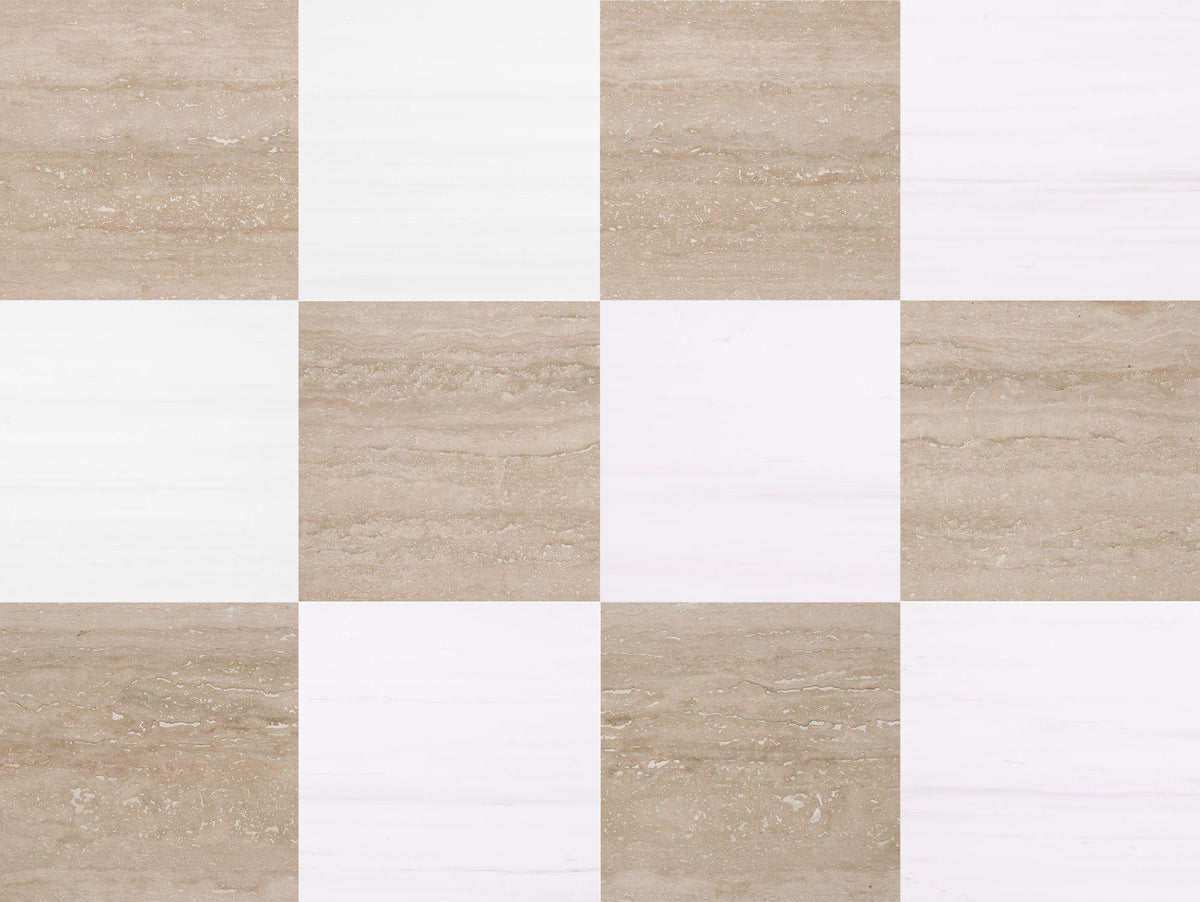 Classic Light VC Honed &amp; Glacier White Alanur Honed 12&#39;&#39; x 12&#39;&#39;  x 3/8&#39;&#39; Checker Board Field Tile