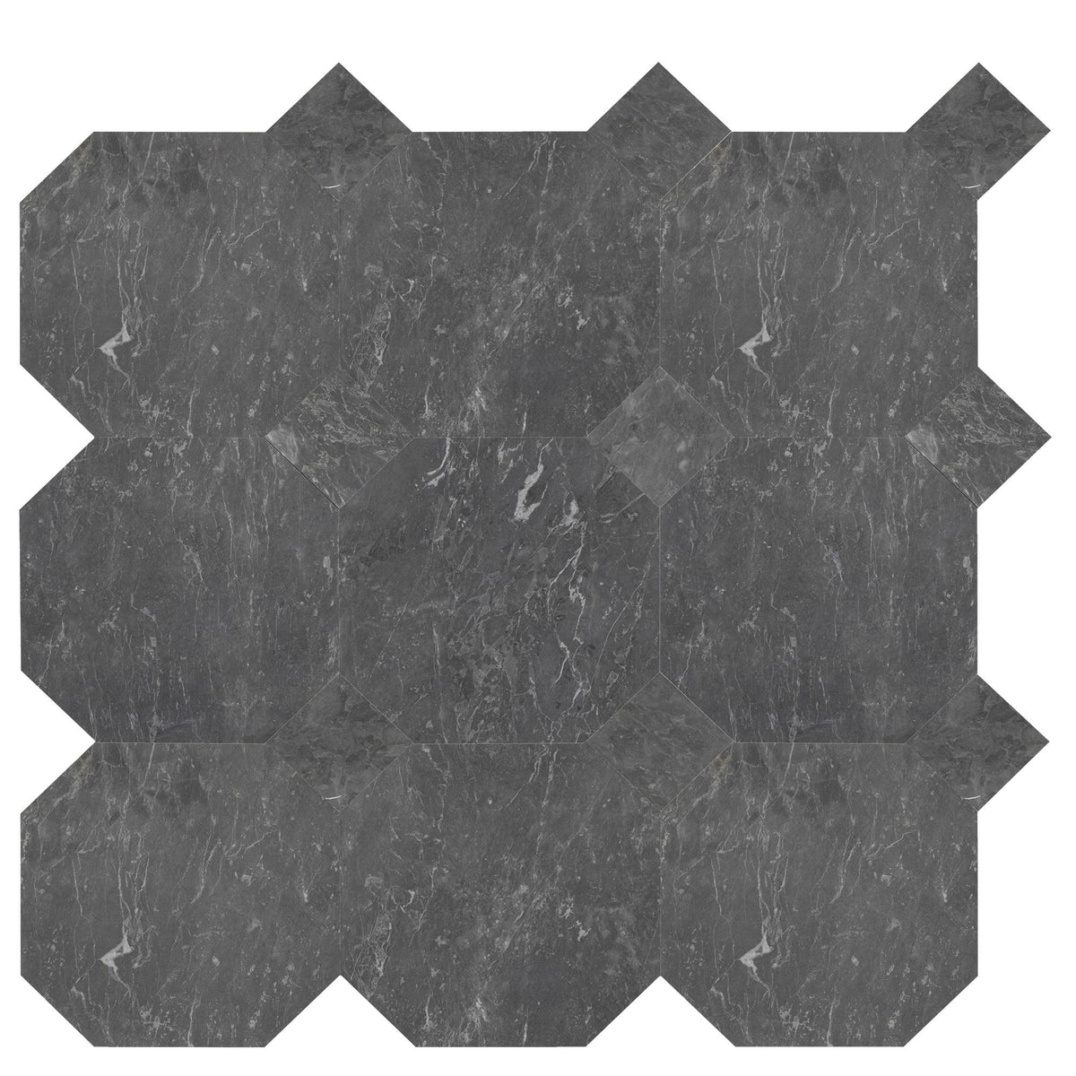 Lovina Grey Honed Octagon 12&#39;&#39; 3/8&#39;&#39; Field Tile &amp; Lovina Grey Honed 4&#39;&#39; x 4&#39;&#39;  x 3/8&#39;&#39; Field Tile | Octagon with Cabochon