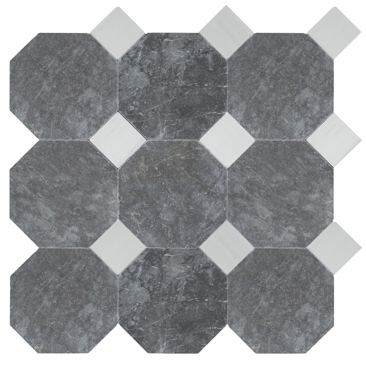 Lovina Grey Tumbled Octagon 8&#39;&#39; 3/8&#39;&#39; Field Tile &amp; Glacier White Tumbled 3&#39;&#39; x 3&#39;&#39;  x 3/8&#39;&#39; Field Tile | Octagon with Cabochon