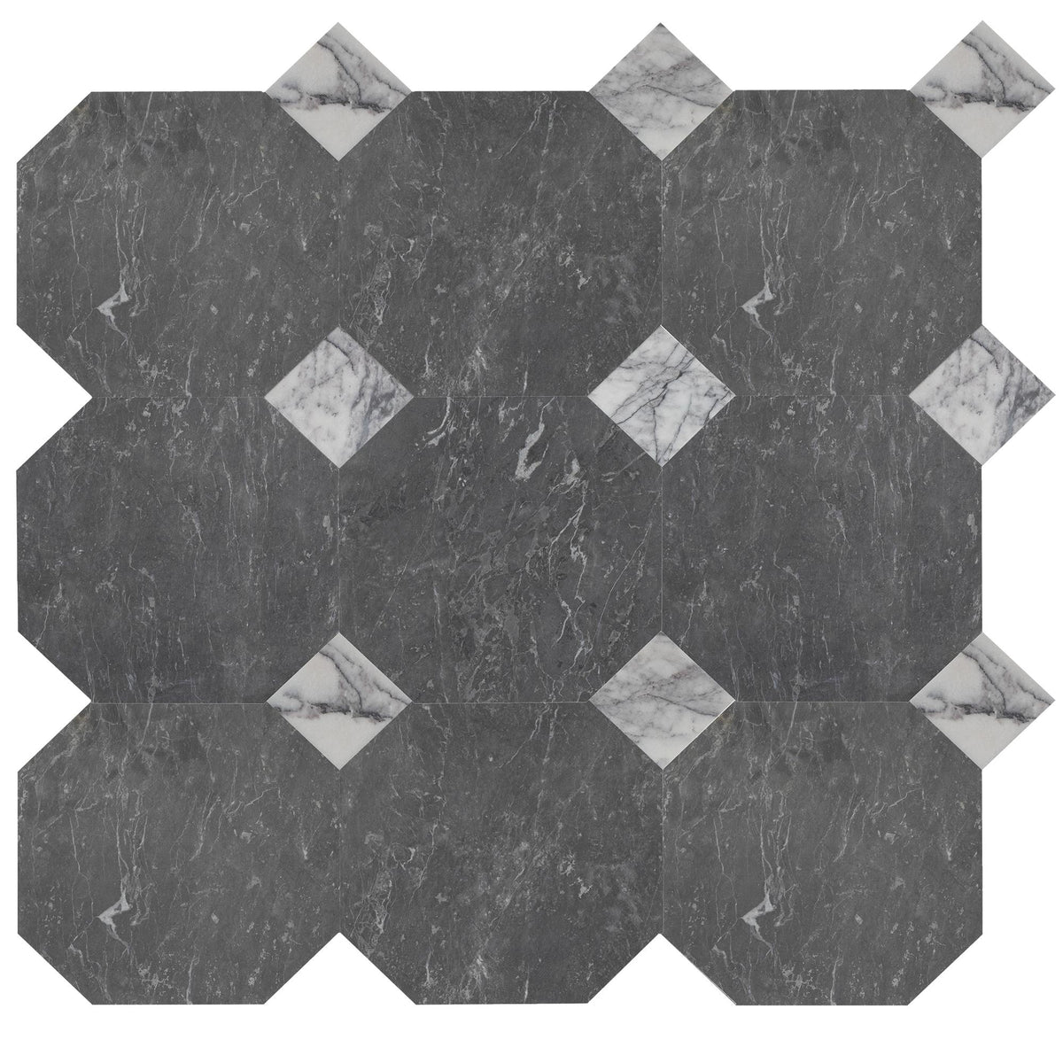 Lovina Grey Honed Octagon 12&#39;&#39; 3/8&#39;&#39; Field Tile &amp; Violeta Honed 4&#39;&#39; x 4&#39;&#39;  x 3/8&#39;&#39; Field Tile | Octagon with Cabochon