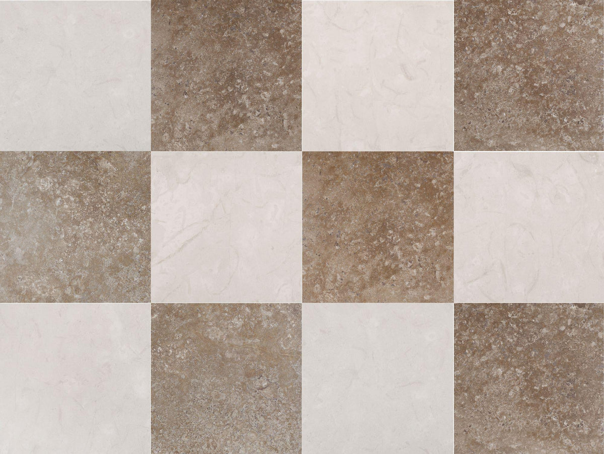 Aero Cream Honed &amp; Noce Dark CC Honed 18&#39;&#39; x 18&#39;&#39;  x 1/2&#39;&#39; Checker Board Field Tile