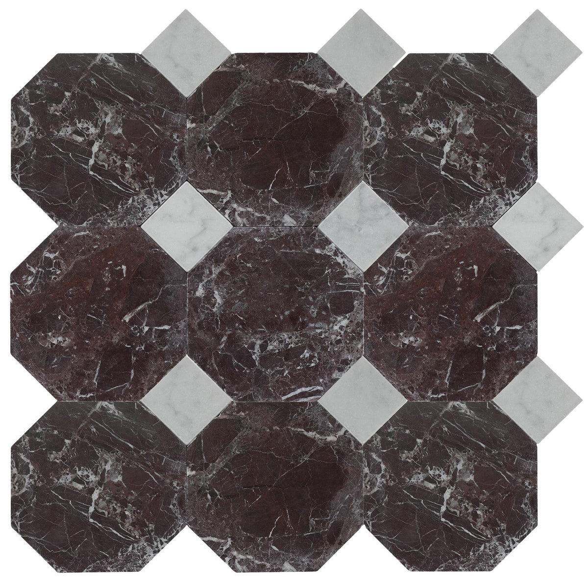 Rosso Levanto Tumbled Octagon 8&#39;&#39; 3/8&#39;&#39; Field Tile &amp; Bianco Carrara Tumbled 3&#39;&#39; x 3&#39;&#39;  x 3/8&#39;&#39; Field Tile | Octagon with Cabochon