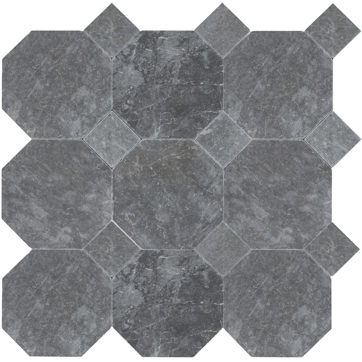 Lovina Grey Tumbled Octagon 8&#39;&#39; 3/8&#39;&#39; Field Tile &amp; Lovina Grey Tumbled 3&#39;&#39; x 3&#39;&#39;  x 3/8&#39;&#39; Field Tile | Octagon with Cabochon