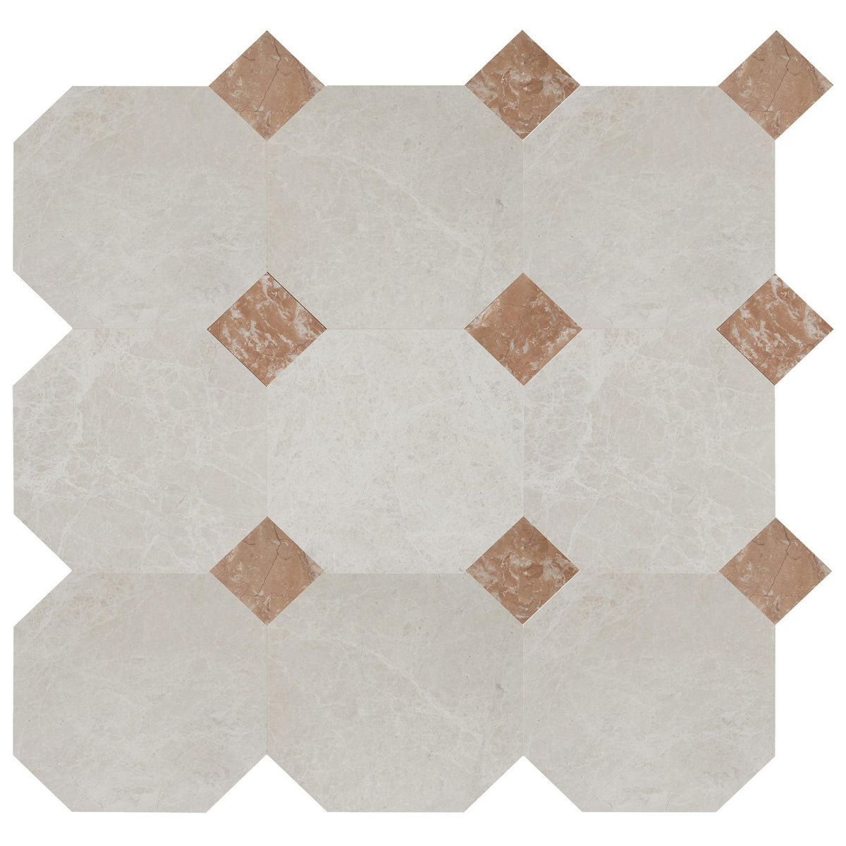 Vanillish Pearl Honed Octagon 12&#39;&#39; 3/8&#39;&#39; Field Tile &amp; Bellini Honed 4&#39;&#39; x 4&#39;&#39;  x 3/8&#39;&#39; Field Tile | Octagon with Cabochon