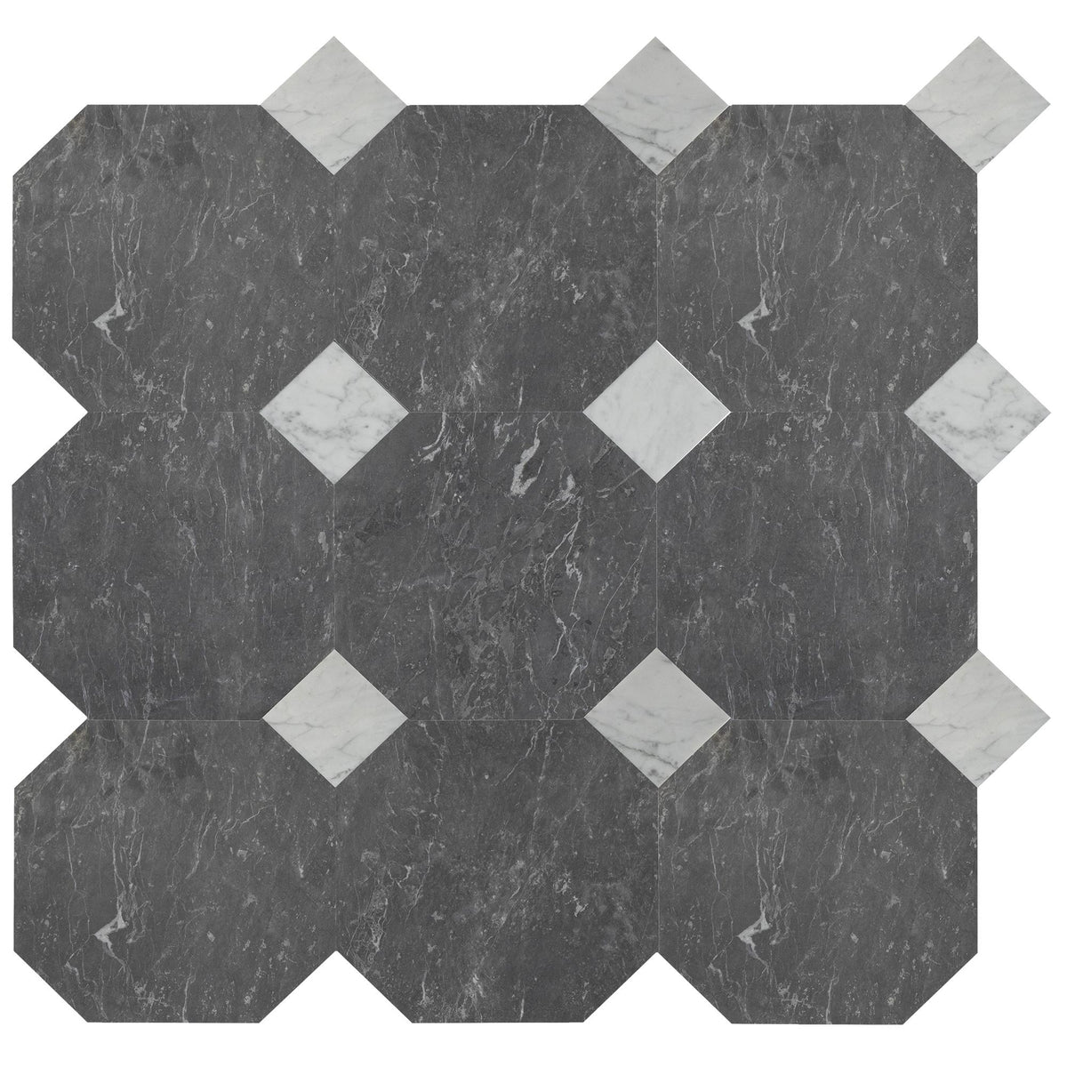 Lovina Grey Honed Octagon 12&#39;&#39; 3/8&#39;&#39; Field Tile &amp; Bianco Carrara Honed 4&#39;&#39; x 4&#39;&#39;  x 3/8&#39;&#39; Field Tile | Octagon with Cabochon