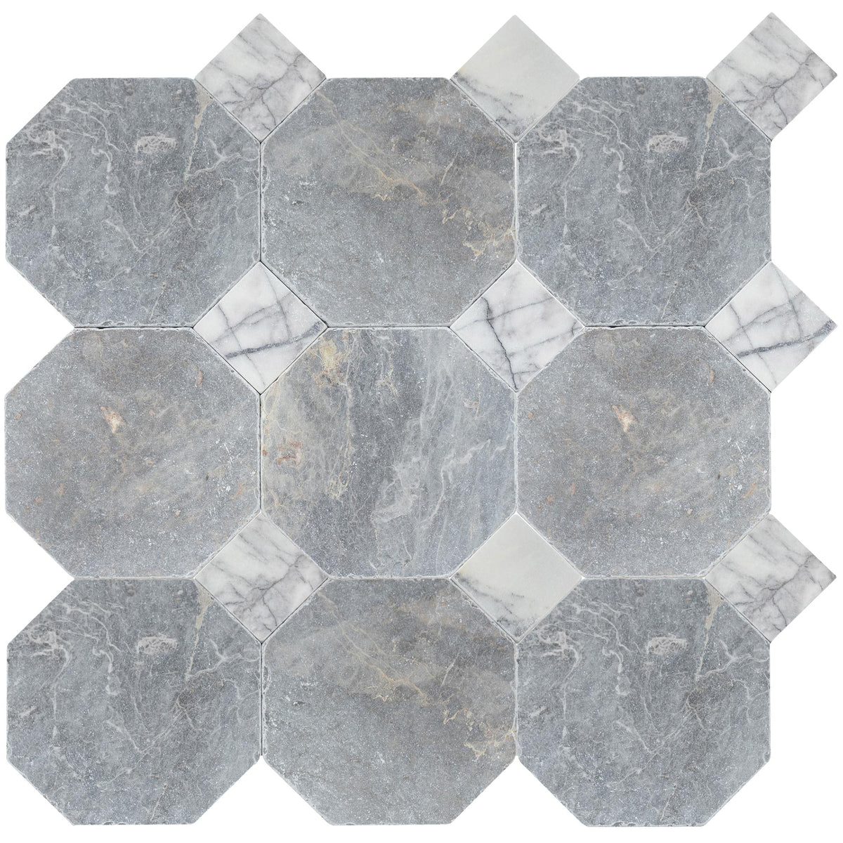 North Sky Tumbled Octagon 8&#39;&#39; 3/8&#39;&#39; Field Tile &amp; Violeta Tumbled 3&#39;&#39; x 3&#39;&#39;  x 3/8&#39;&#39; Field Tile | Octagon with Cabochon