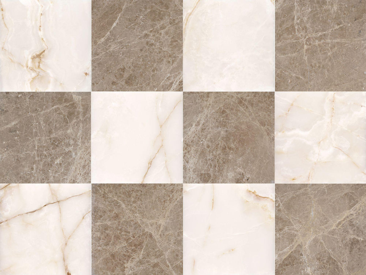 Emperador Light Polished &amp; White Onyx Polished 12&#39;&#39; x 12&#39;&#39;  x 3/8&#39;&#39; Checker Board Field Tile