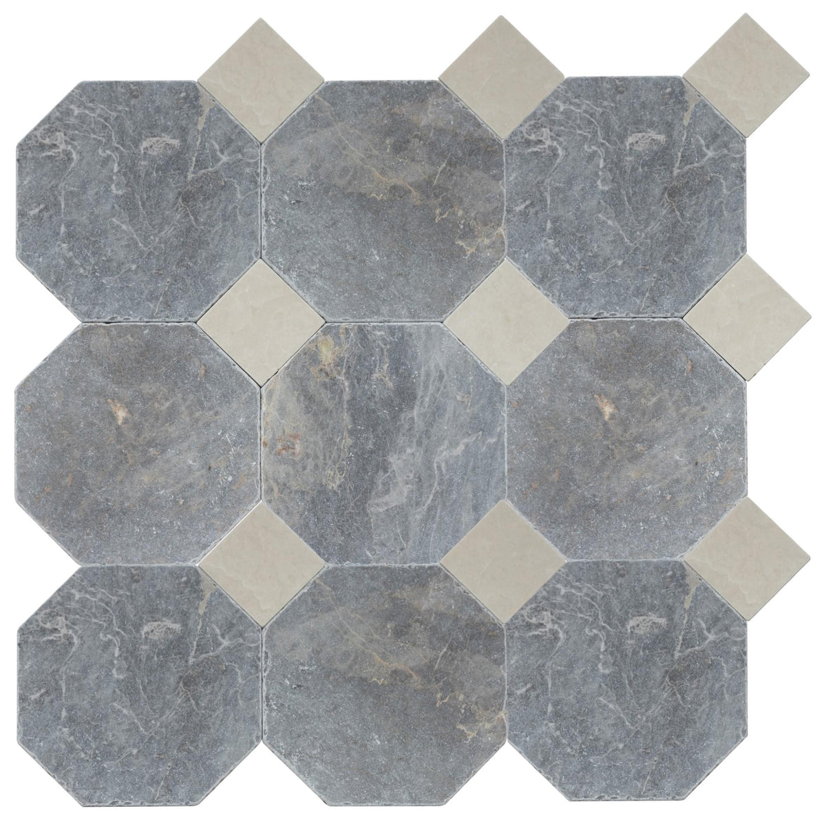 North Sky Tumbled Octagon 8&#39;&#39; 3/8&#39;&#39; Field Tile &amp; Crema Ella Tumbled 3&#39;&#39; x 3&#39;&#39;  x 3/8&#39;&#39; Field Tile | Octagon with Cabochon