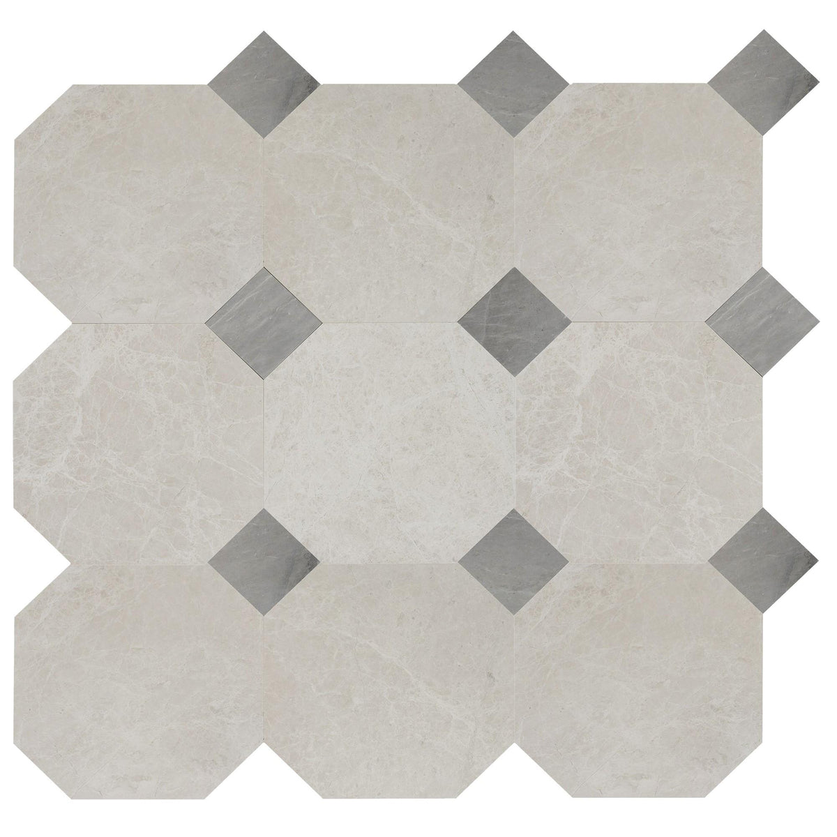 Vanillish Pearl Honed Octagon 12&#39;&#39; 3/8&#39;&#39; Field Tile &amp; Earth Grey Honed 4&#39;&#39; x 4&#39;&#39;  x 3/8&#39;&#39; Field Tile | Octagon with Cabochon