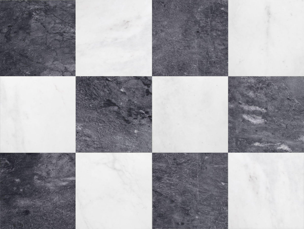 Afyon White Honed &amp; Black Storm Honed 12&#39;&#39; x 12&#39;&#39;  x 3/8&#39;&#39; Checker Board Field Tile