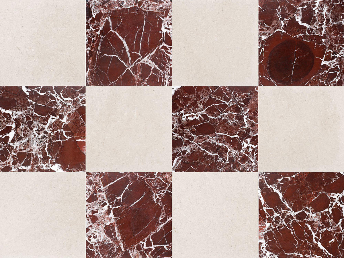 Rosso Levanto Polished &amp; Simena Honed 12&#39;&#39; x 12&#39;&#39;  x 3/8&#39;&#39; Checker Board Field Tile