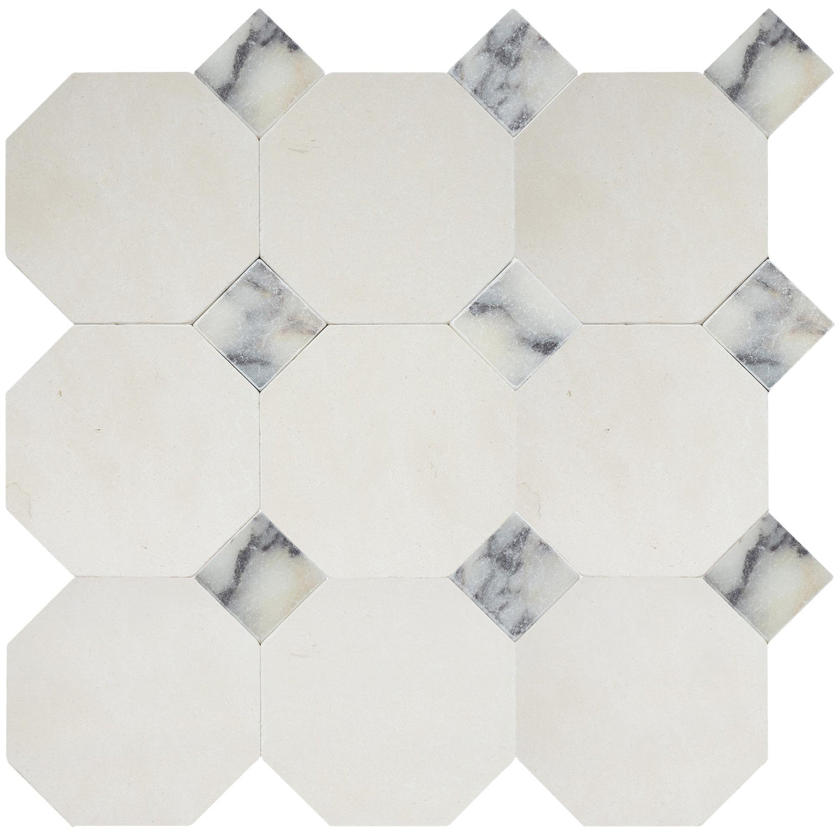 Simena Tumbled Octagon 8&#39;&#39; 3/8&#39;&#39; Field Tile &amp; Calacatta Viola Tumbled 3&#39;&#39; x 3&#39;&#39;  x 3/8&#39;&#39; Field Tile | Octagon with Cabochon