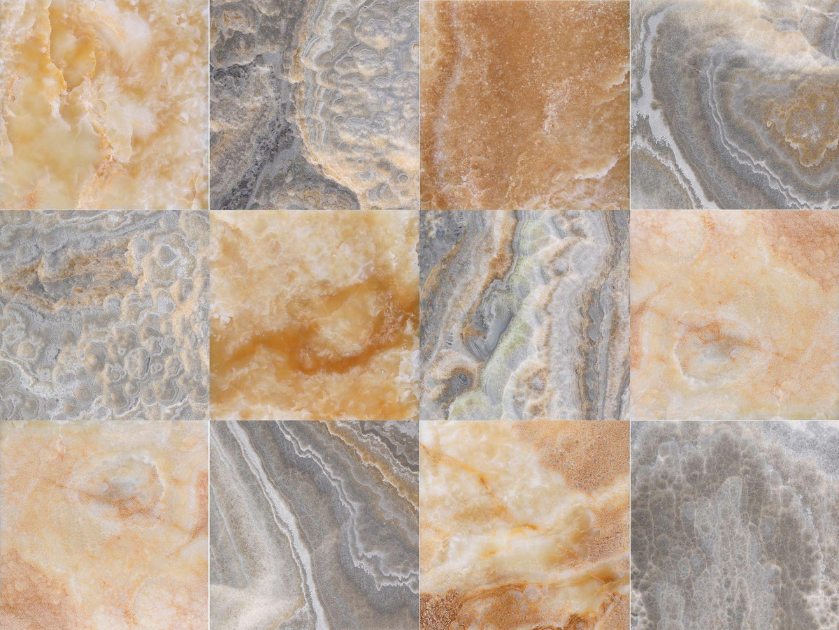 Amber Onyx Polished &amp; Dover Grey Onyx Polished 12&#39;&#39; x 12&#39;&#39;  x 3/8&#39;&#39; Checker Board Field Tile