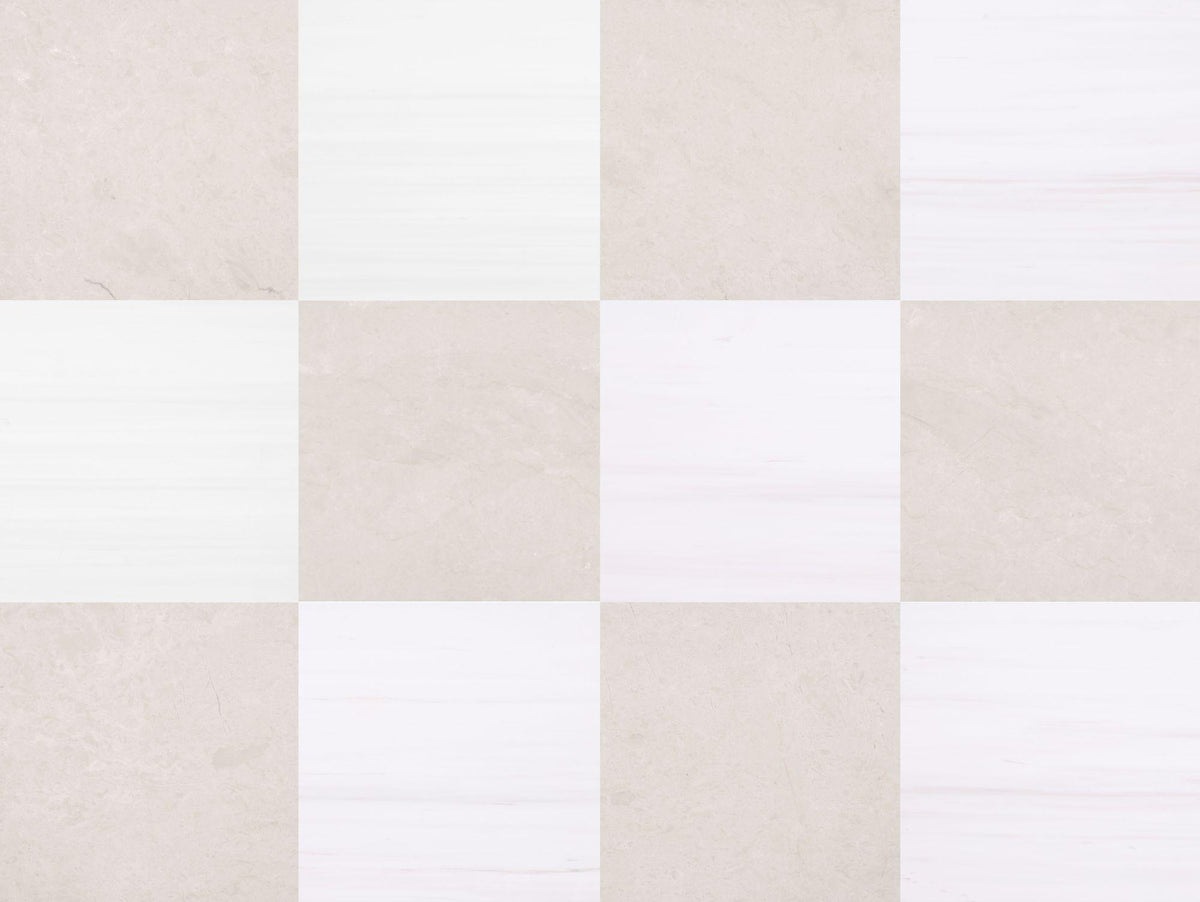 Crema Ella Honed &amp; Glacier White Alanur Honed 12&#39;&#39; x 12&#39;&#39;  x 3/8&#39;&#39; Checker Board Field Tile