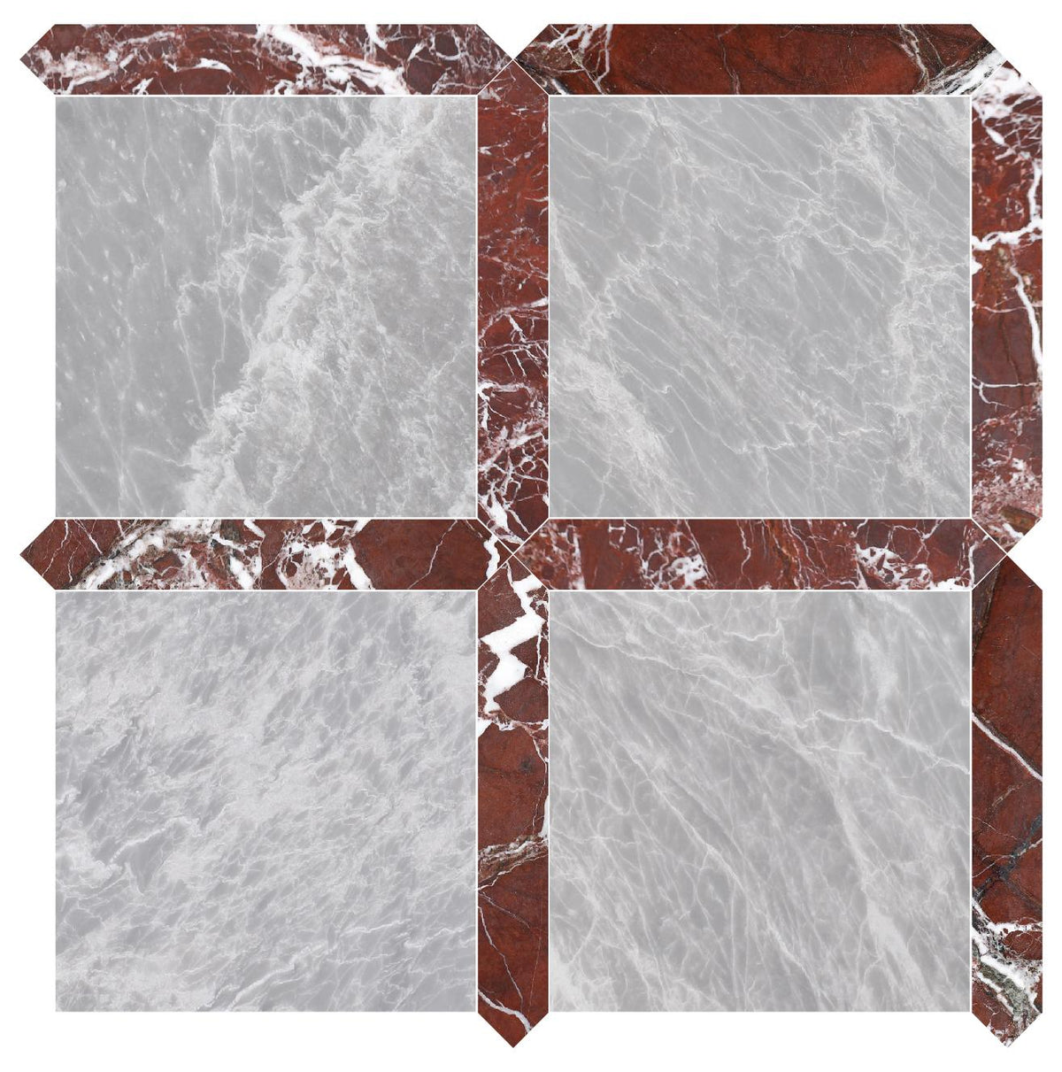 Nordic Grey Honed 12&#39;&#39; x 12&#39;&#39;  x 3/8&#39;&#39; Field Tile &amp; Rosso Levanto Honed Picket 2&#39;&#39;x12&#39;&#39; 3/8&#39;&#39; Field Tile | Picket Square