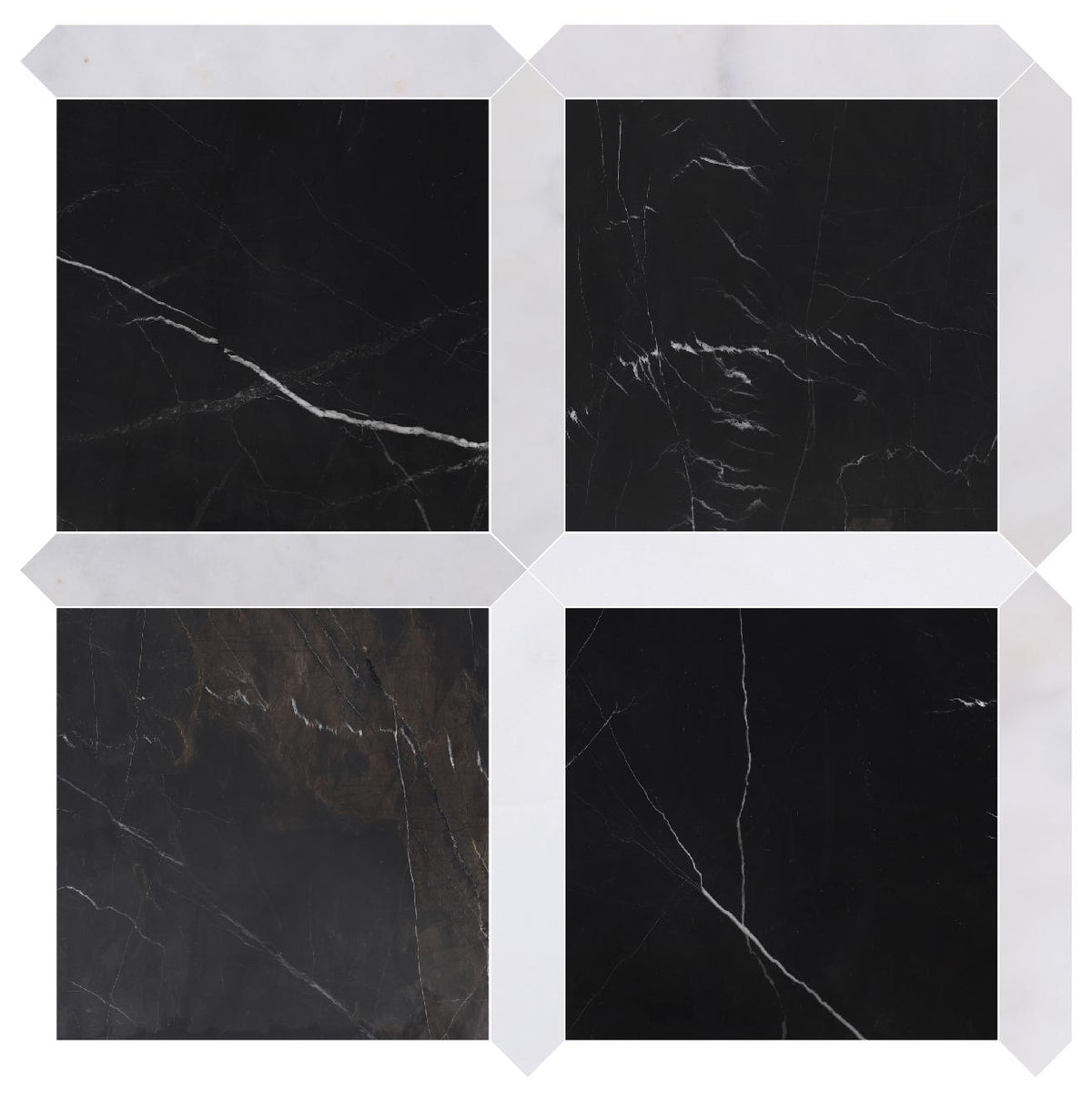 Black Silk Honed 12&#39;&#39; x 12&#39;&#39;  x 3/8&#39;&#39; Field Tile &amp; Afyon White Honed Picket 2&#39;&#39;x12&#39;&#39; 3/8&#39;&#39; Field Tile | Picket Square