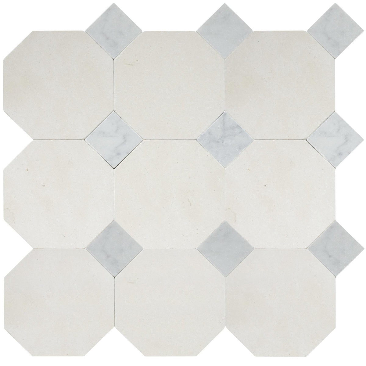 Simena Tumbled Octagon 8&#39;&#39; 3/8&#39;&#39; Field Tile &amp; Bianco Carrara Tumbled 3&#39;&#39; x 3&#39;&#39;  x 3/8&#39;&#39; Field Tile | Octagon with Cabochon