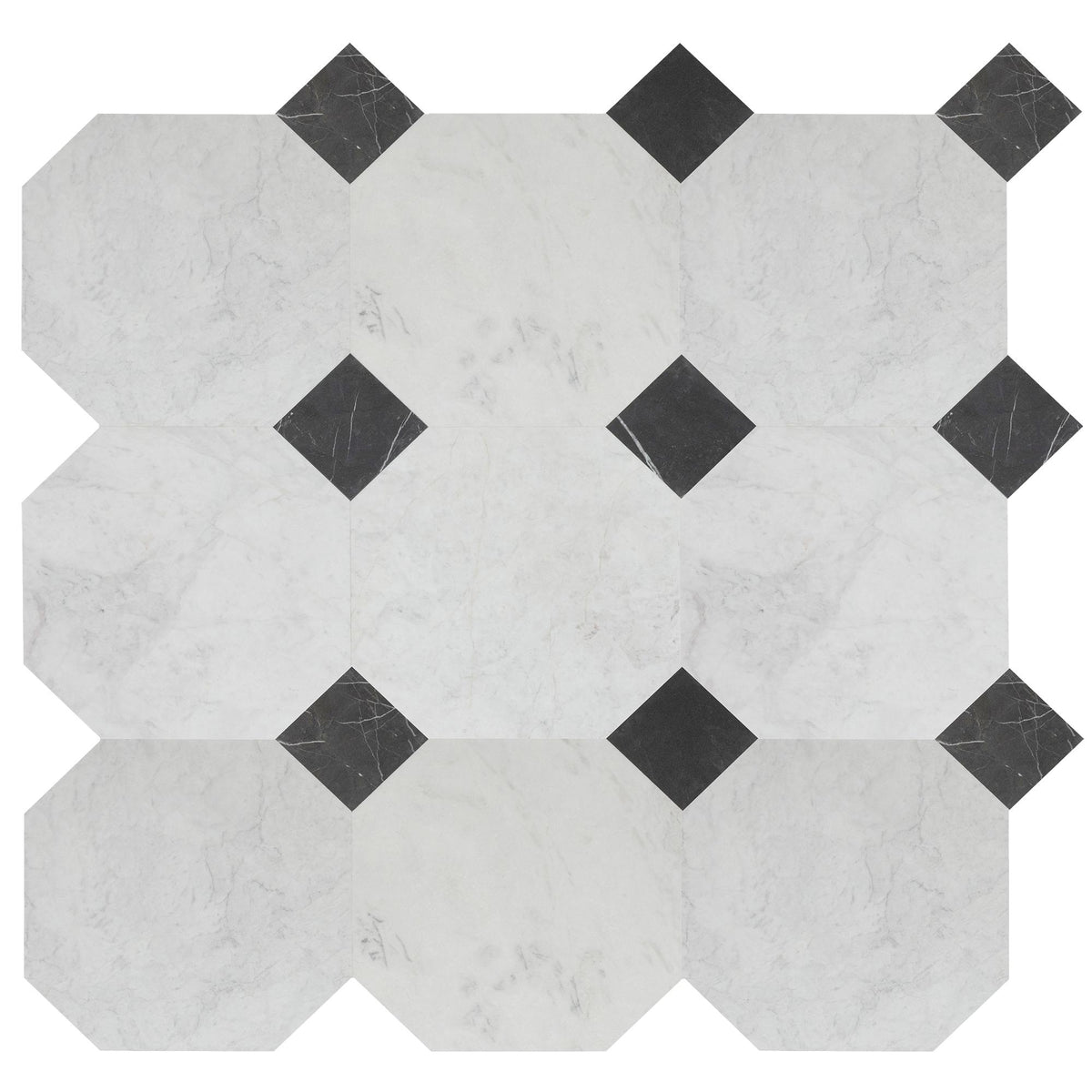 Elegantia Honed Octagon 12&#39;&#39; 3/8&#39;&#39; Field Tile &amp; Black Silk Honed 4&#39;&#39; x 4&#39;&#39;  x 3/8&#39;&#39; Field Tile | Octagon with Cabochon