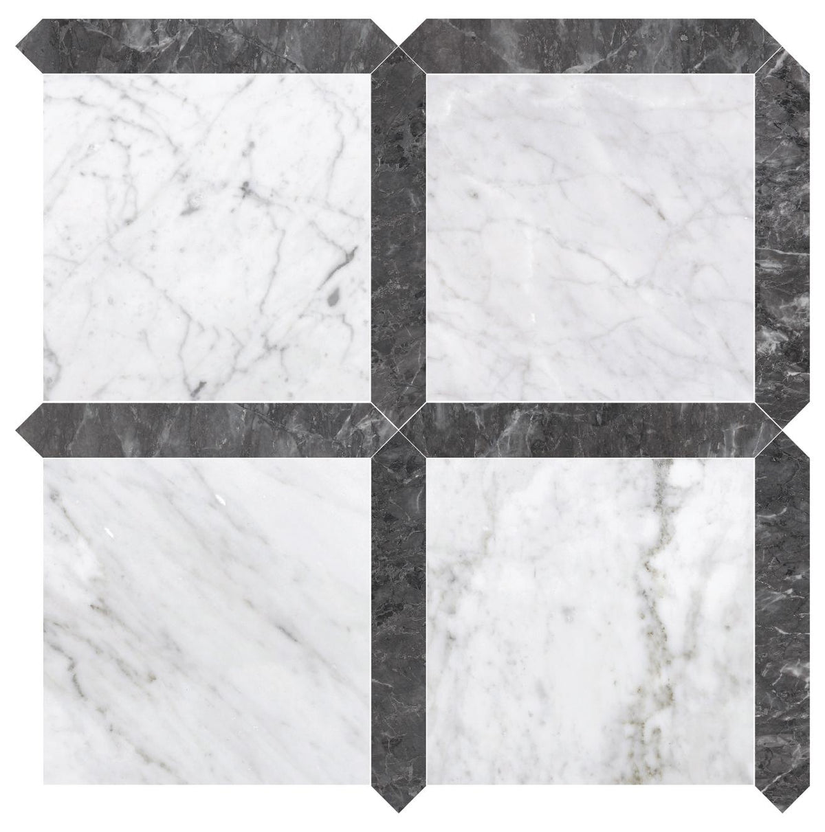 Bianco Carrara Honed 12&#39;&#39; x 12&#39;&#39;  x 3/8&#39;&#39; Field Tile &amp; Lovina Grey Honed Picket 2&#39;&#39;x12&#39;&#39; 3/8&#39;&#39; Field Tile | Picket Square