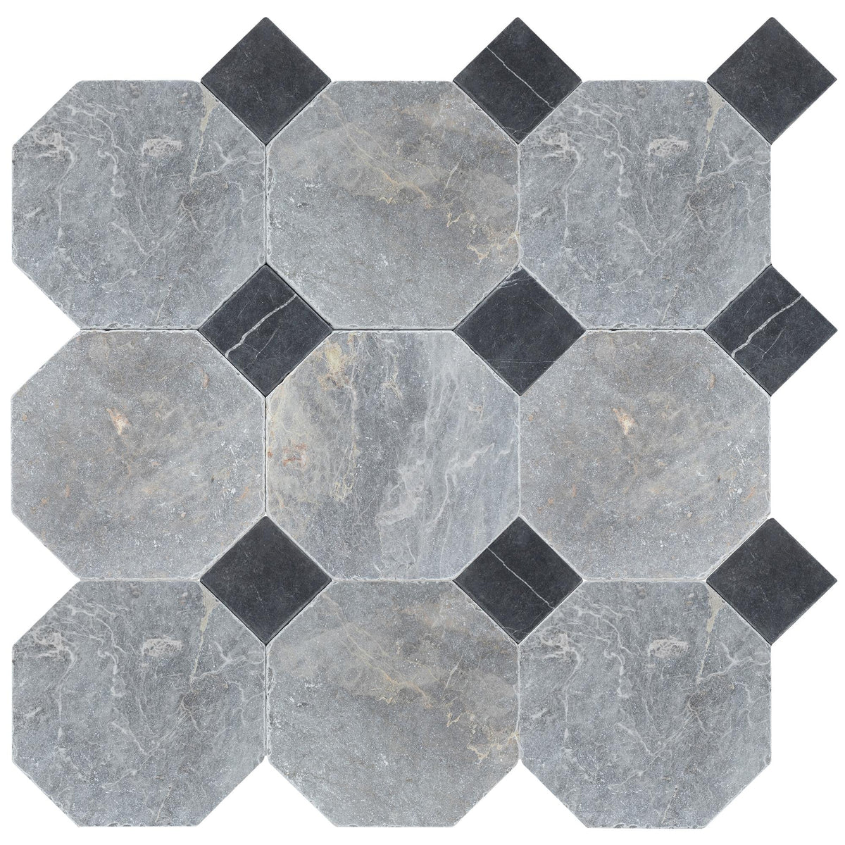 Lovina Grey Tumbled Octagon 8&#39;&#39; 3/8&#39;&#39; Field Tile &amp; Black Silk Tumbled 3&#39;&#39; x 3&#39;&#39;  x 3/8&#39;&#39; Field Tile | Octagon with Cabochon