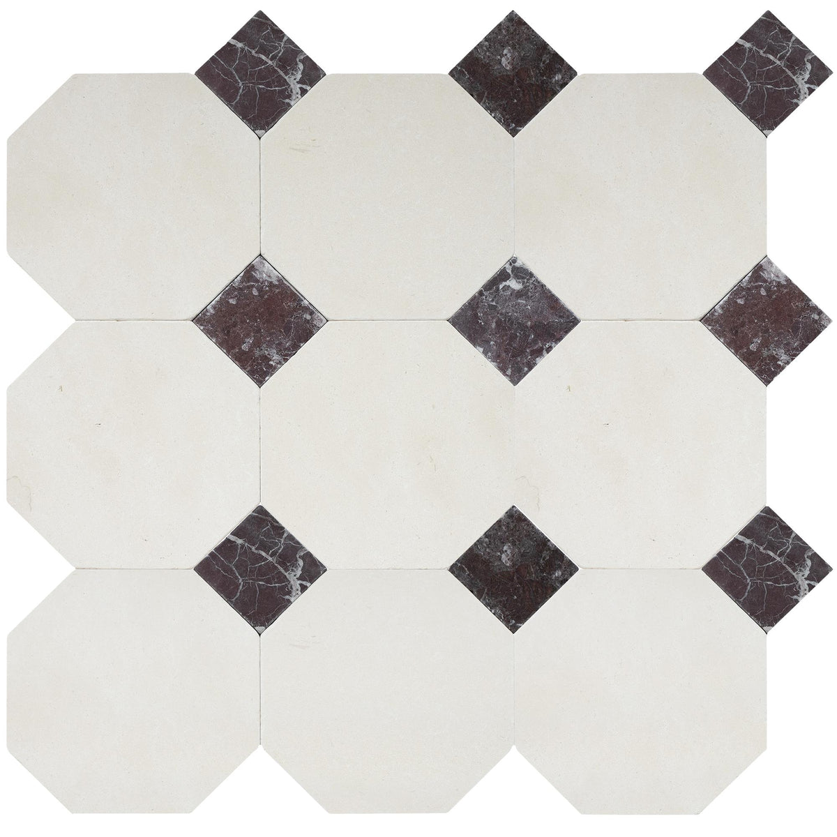 Simena Tumbled Octagon 8&#39;&#39; 3/8&#39;&#39; Field Tile &amp; Rosso Levanto Tumbled 3&#39;&#39; x 3&#39;&#39;  x 3/8&#39;&#39; Field Tile | Octagon with Cabochon