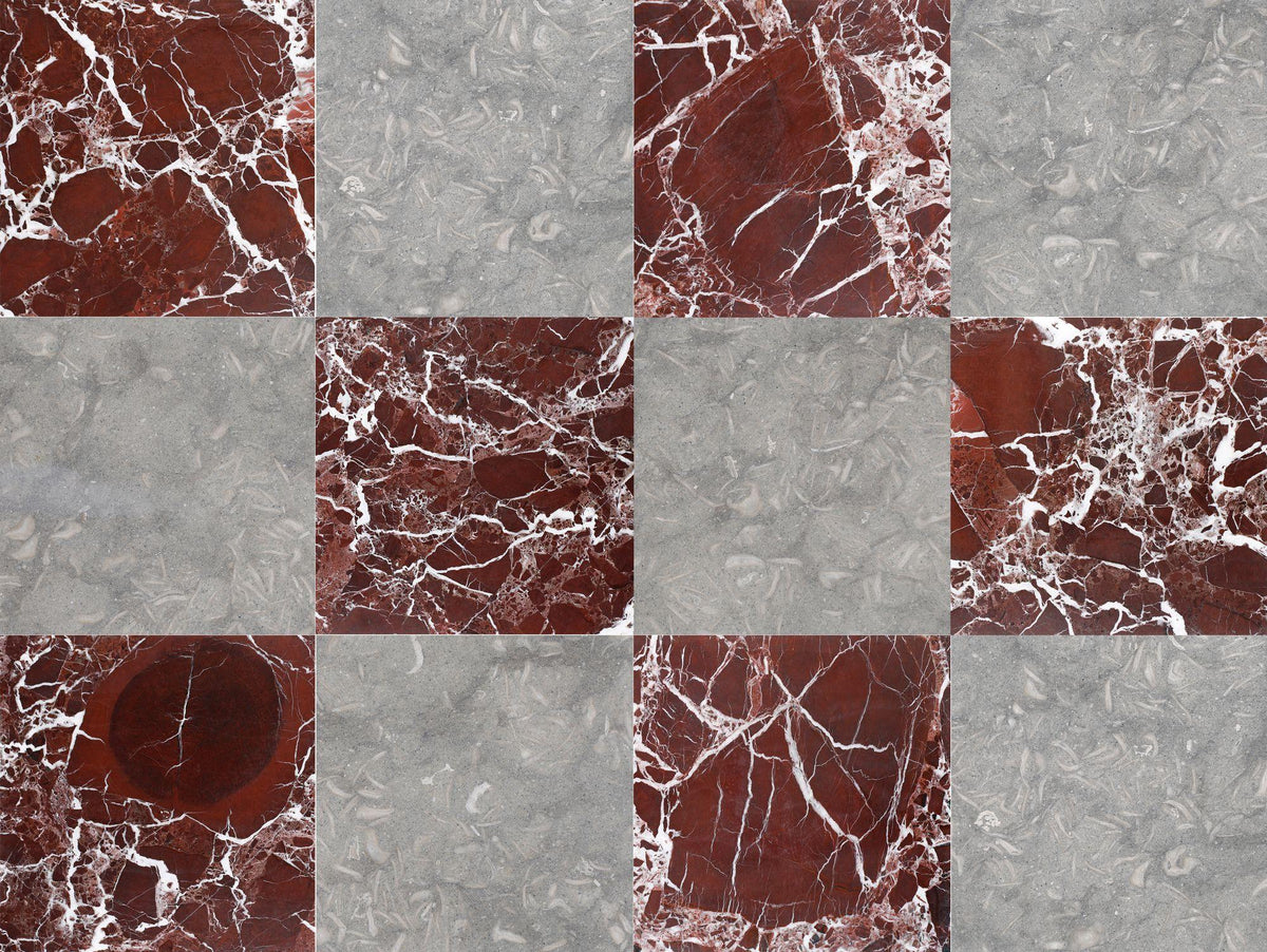 Blue Grey Satin &amp; Rosso Levanto Polished 12&#39;&#39; x 12&#39;&#39;  x 3/8&#39;&#39; Checker Board Field Tile