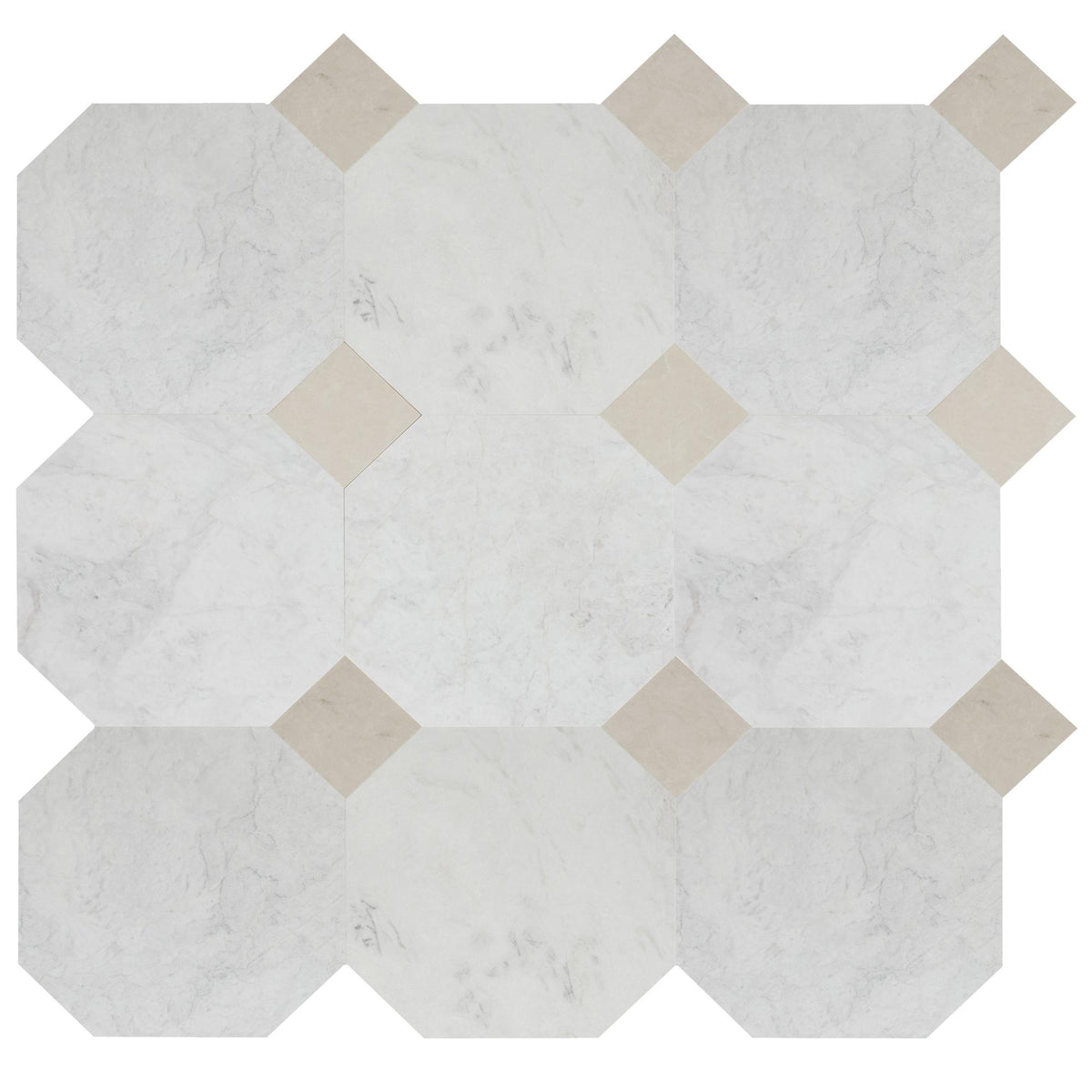 Elegantia Honed Octagon 12&#39;&#39; 3/8&#39;&#39; Field Tile &amp; Crema Ella Honed 4&#39;&#39; x 4&#39;&#39;  x 3/8&#39;&#39; Field Tile | Octagon with Cabochon