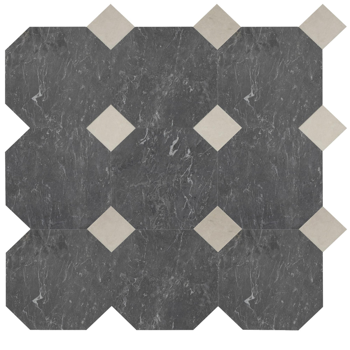 Lovina Grey Honed Octagon 12&#39;&#39; 3/8&#39;&#39; Field Tile &amp; Crema Ella Honed 4&#39;&#39; x 4&#39;&#39;  x 3/8&#39;&#39; Field Tile | Octagon with Cabochon