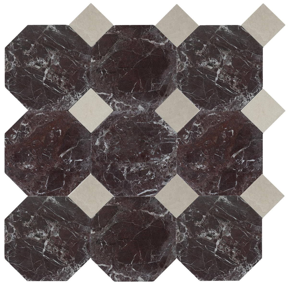 Rosso Levanto Tumbled Octagon 8&#39;&#39; 3/8&#39;&#39; Field Tile &amp; Crema Ella Tumbled 3&#39;&#39; x 3&#39;&#39;  x 3/8&#39;&#39; Field Tile | Octagon with Cabochon