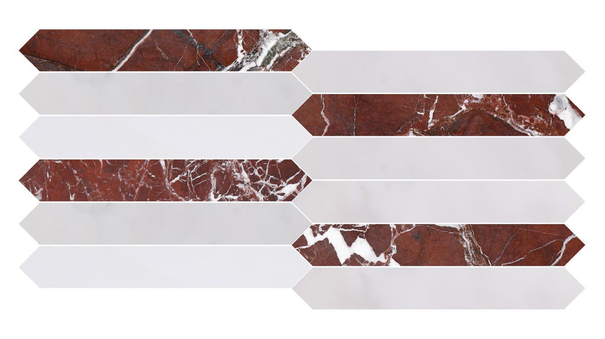 Rosso Levanto Honed Picket 2&#39;&#39;x12&#39;&#39; 3/8&#39;&#39; Field Tile &amp; Afyon White Honed Picket 2&#39;&#39;x12&#39;&#39; 3/8&#39;&#39; Field Tile | Picket Field Tile