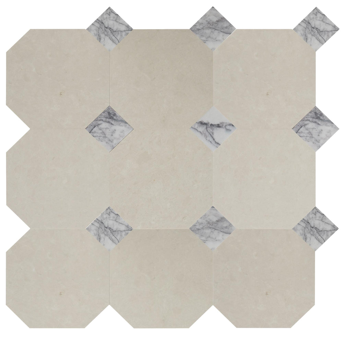 Crema Ella Honed Octagon 12&#39;&#39; 3/8&#39;&#39; Field Tile &amp; Violeta Honed 4&#39;&#39; x 4&#39;&#39;  x 3/8&#39;&#39; Field Tile | Octagon with Cabochon