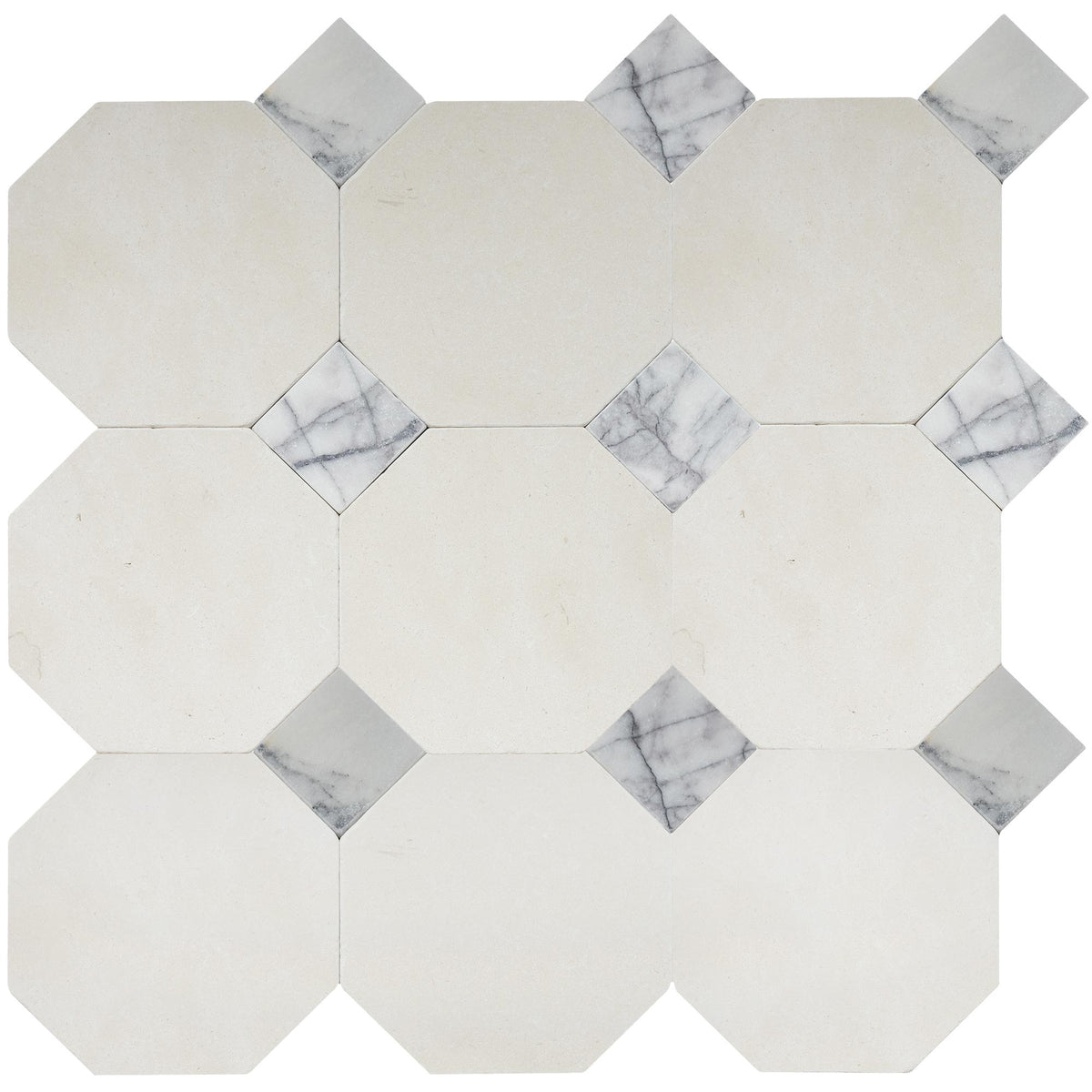 Simena Tumbled Octagon 8&#39;&#39; 3/8&#39;&#39; Field Tile &amp; Violeta Tumbled 3&#39;&#39; x 3&#39;&#39;  x 3/8&#39;&#39; Field Tile | Octagon with Cabochon