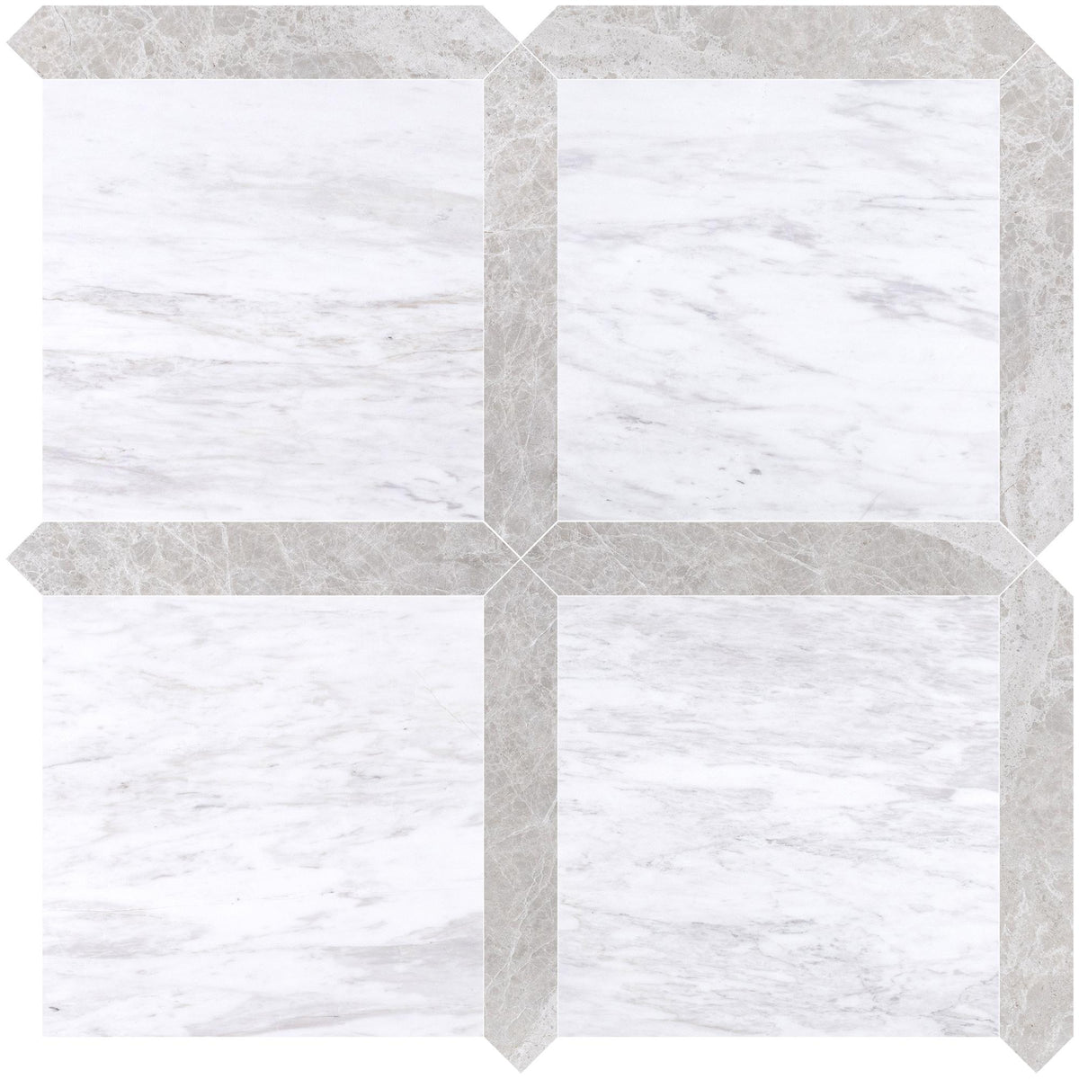 Volakas Honed 12&#39;&#39; x 12&#39;&#39;  x 3/8&#39;&#39; Field Tile &amp; Vanillish Pearl Honed Picket 2&#39;&#39;x12&#39;&#39; 3/8&#39;&#39; Field Tile | Picket Square
