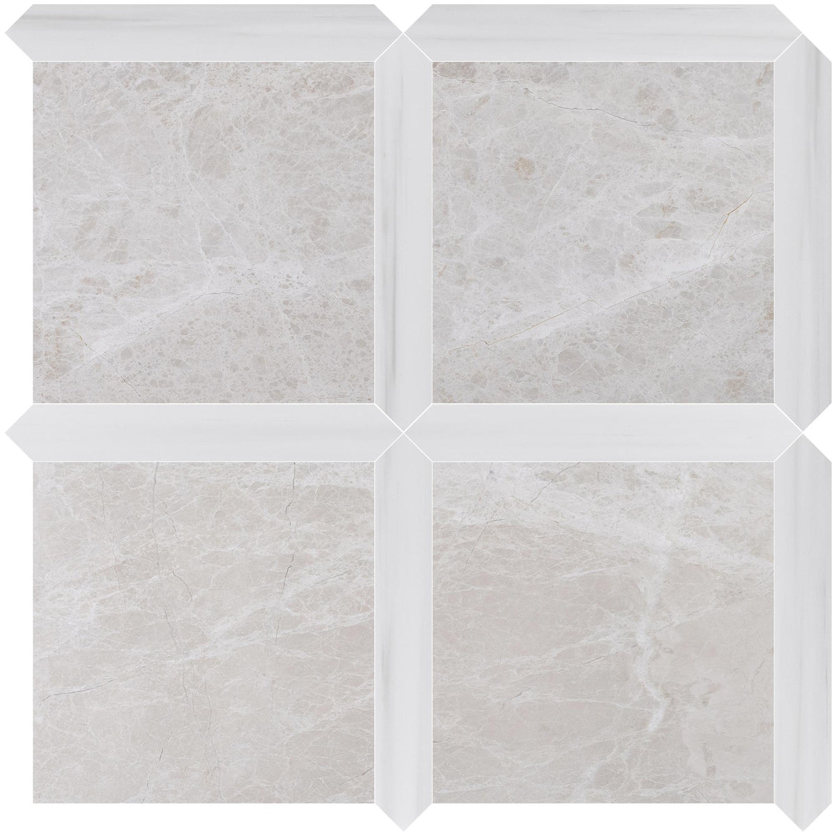 Vanillish Pearl Honed 12&#39;&#39; x 12&#39;&#39;  x 3/8&#39;&#39; Field Tile &amp; Glacier White Honed Picket 2&#39;&#39;x12&#39;&#39; 3/8&#39;&#39; Field Tile | Picket Square