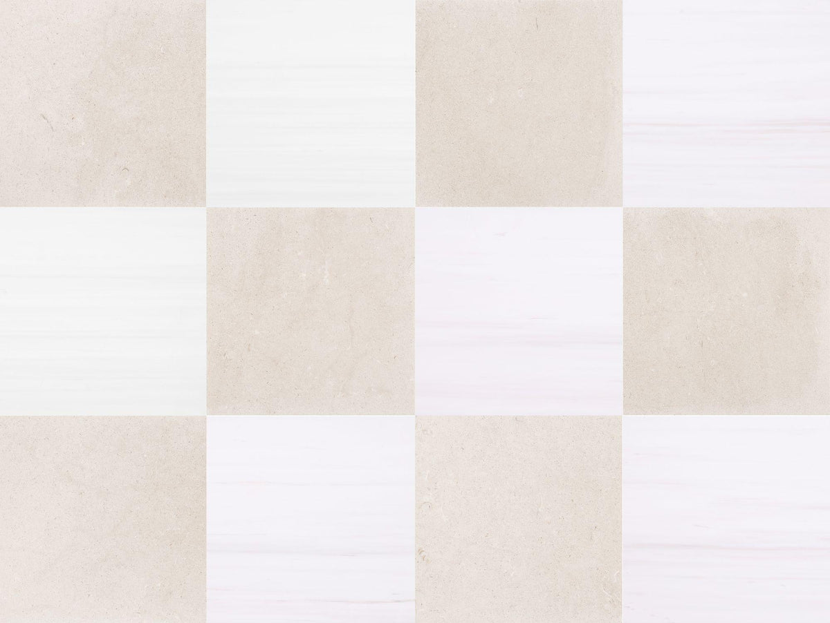 Glacier White Alanur Honed &amp; Simena Honed 12&#39;&#39; x 12&#39;&#39;  x 3/8&#39;&#39; Checker Board Field Tile