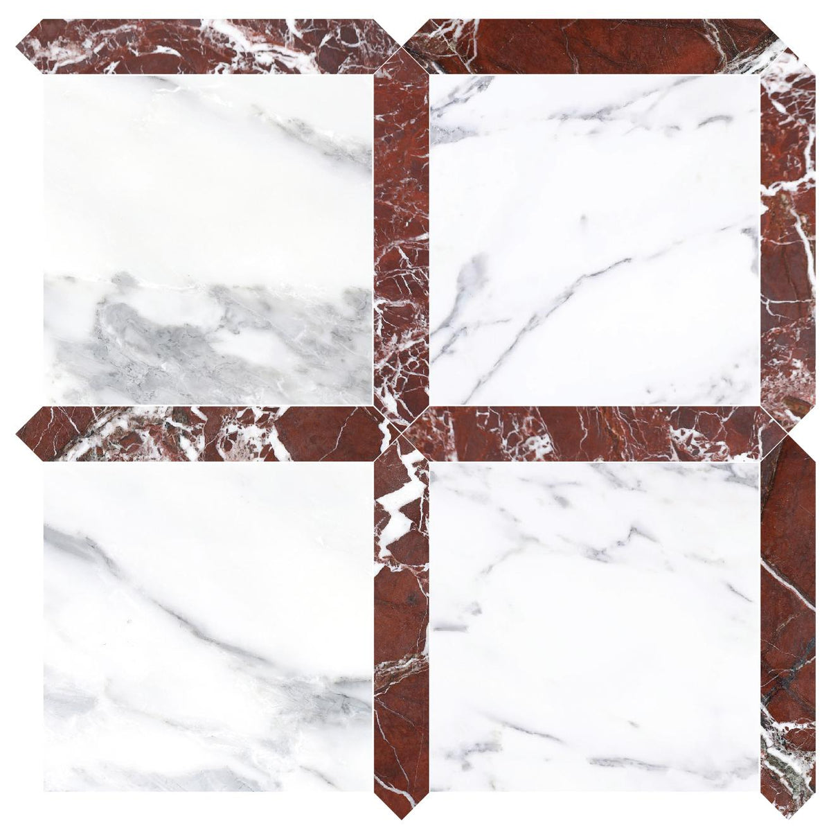 Statuario Honed 12&#39;&#39; x 12&#39;&#39;  x 3/8&#39;&#39; Field Tile &amp; Rosso Levanto Honed Picket 2&#39;&#39;x12&#39;&#39; 3/8&#39;&#39; Field Tile | Picket Square