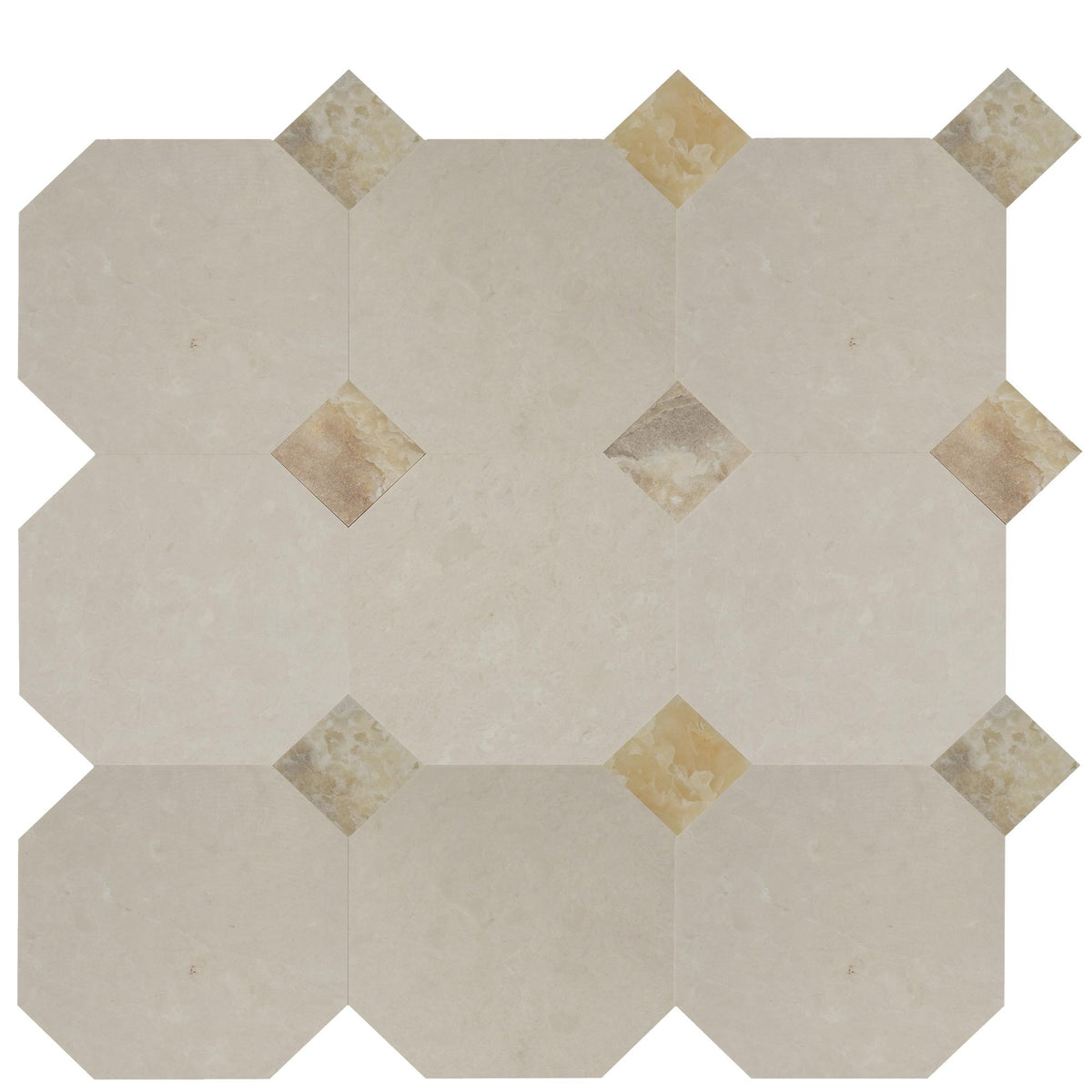 Crema Ella Honed Octagon 12&#39;&#39; 3/8&#39;&#39; Field Tile &amp; Amber Onyx Honed 4&#39;&#39; x 4&#39;&#39;  x 3/8&#39;&#39; Field Tile | Octagon with Cabochon