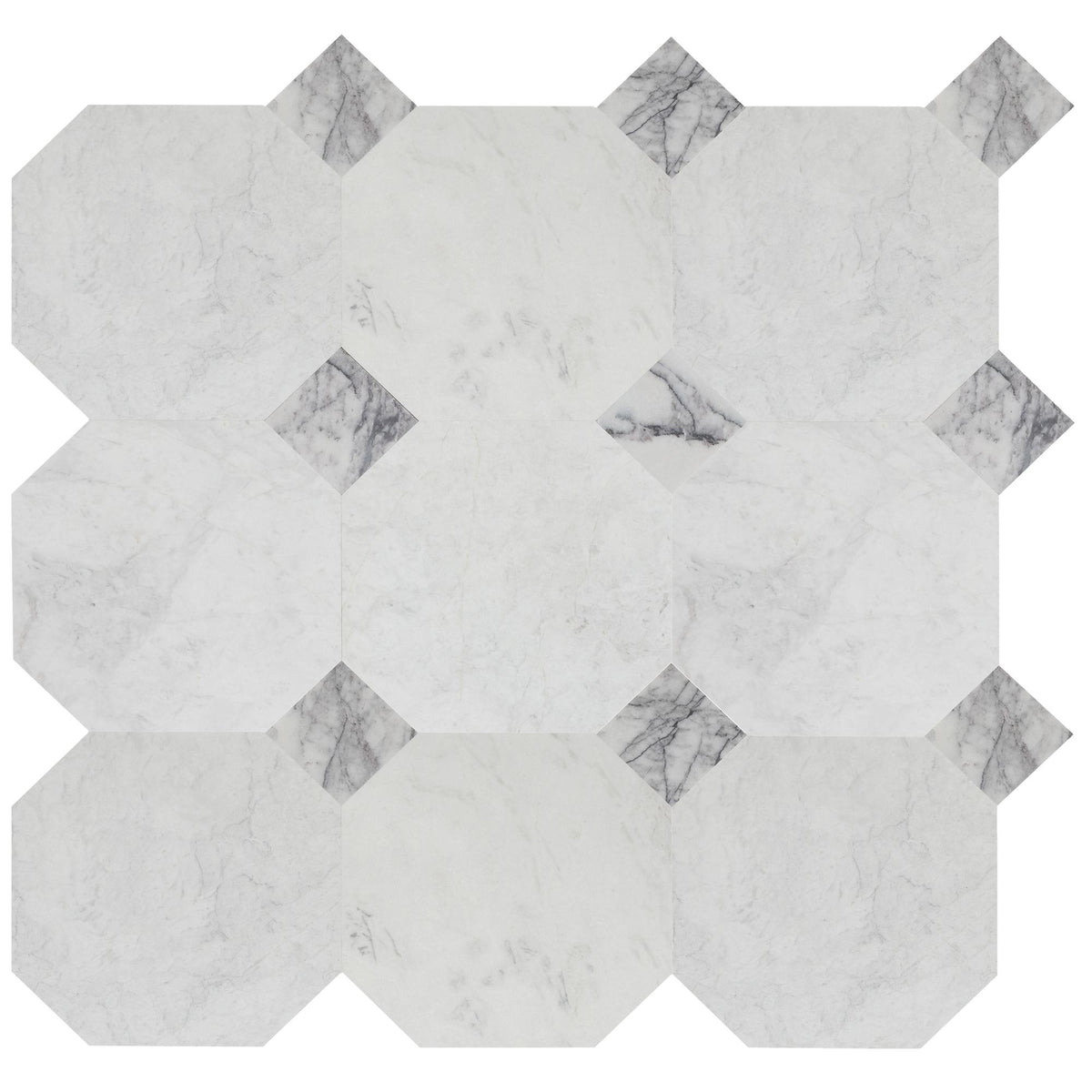 Elegantia Honed Octagon 12&#39;&#39; 3/8&#39;&#39; Field Tile &amp; Violeta Honed 4&#39;&#39; x 4&#39;&#39;  x 3/8&#39;&#39; Field Tile | Octagon with Cabochon