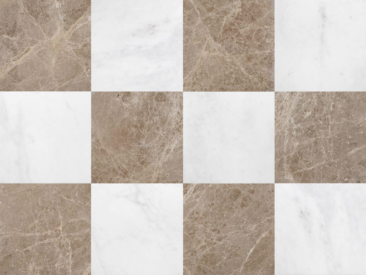 Afyon White Polished &amp; Emperador Light Polished 12&#39;&#39; x 12&#39;&#39;  x 3/8&#39;&#39; Checker Board Field Tile
