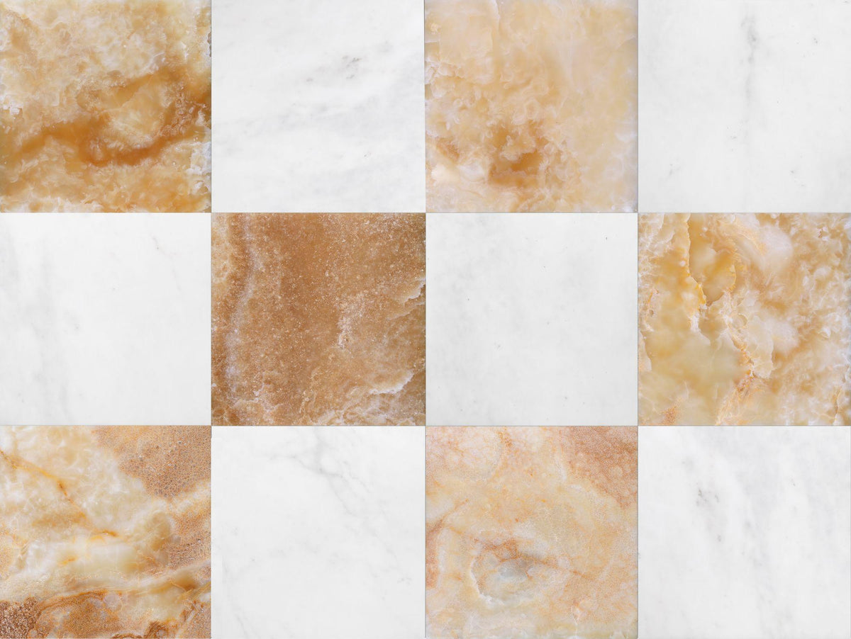Afyon White Polished &amp; Amber Onyx Polished 12&#39;&#39; x 12&#39;&#39;  x 3/8&#39;&#39; Checker Board Field Tile