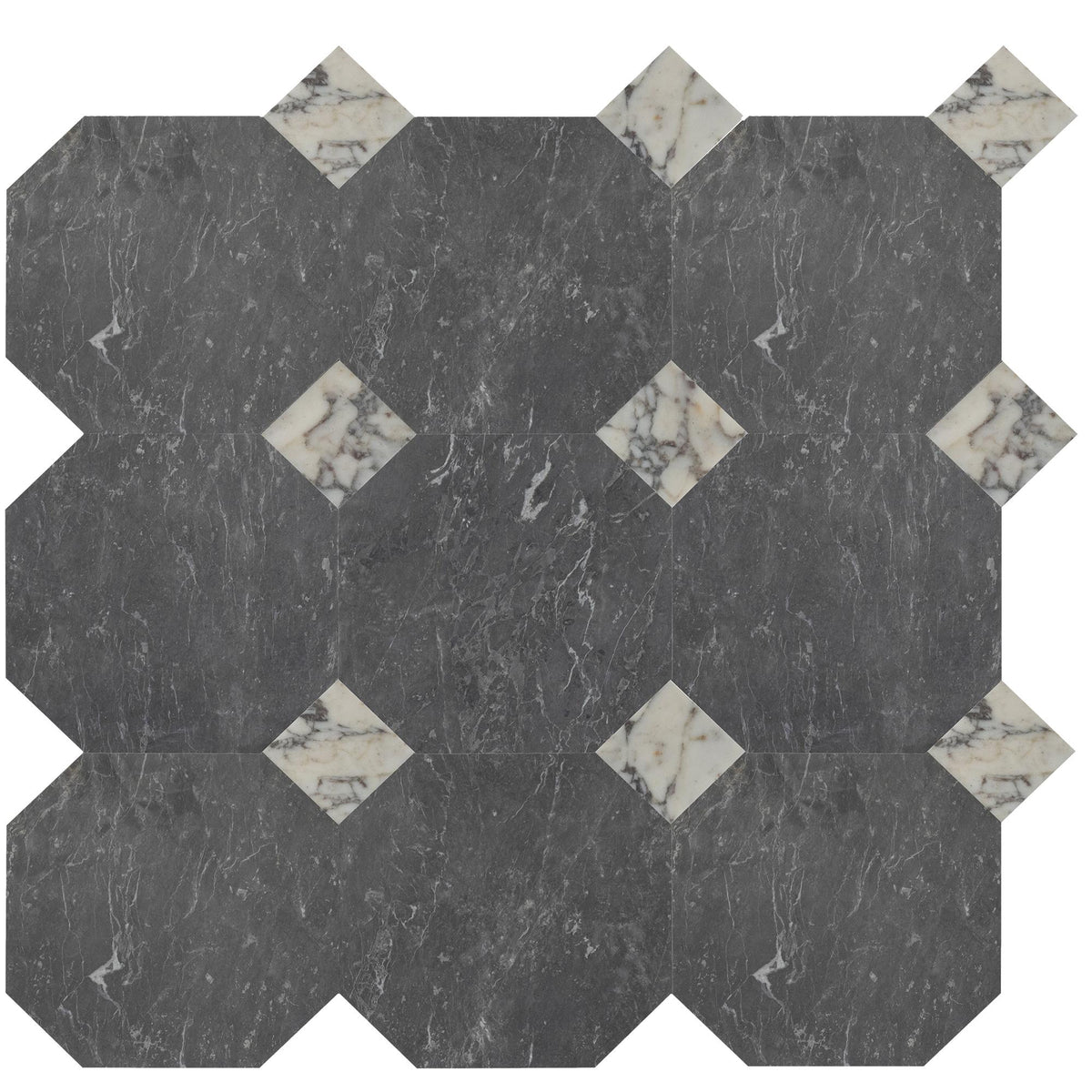 Lovina Grey Honed Octagon 12&#39;&#39; 3/8&#39;&#39; Field Tile &amp; Calacatta Viola Honed 4&#39;&#39; x 4&#39;&#39;  x 3/8&#39;&#39; Field Tile | Octagon with Cabochon