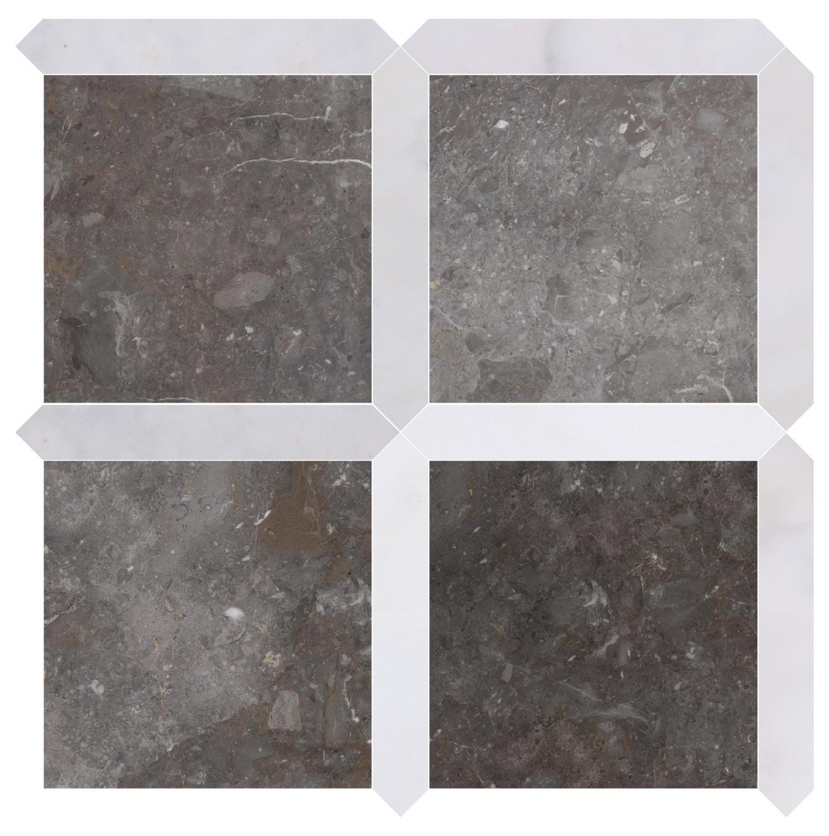 Caribbean Grey Honed 12&#39;&#39; x 12&#39;&#39;  x 3/8&#39;&#39; Field Tile &amp; Afyon White Honed Picket 2&#39;&#39;x12&#39;&#39; 3/8&#39;&#39; Field Tile | Picket Square
