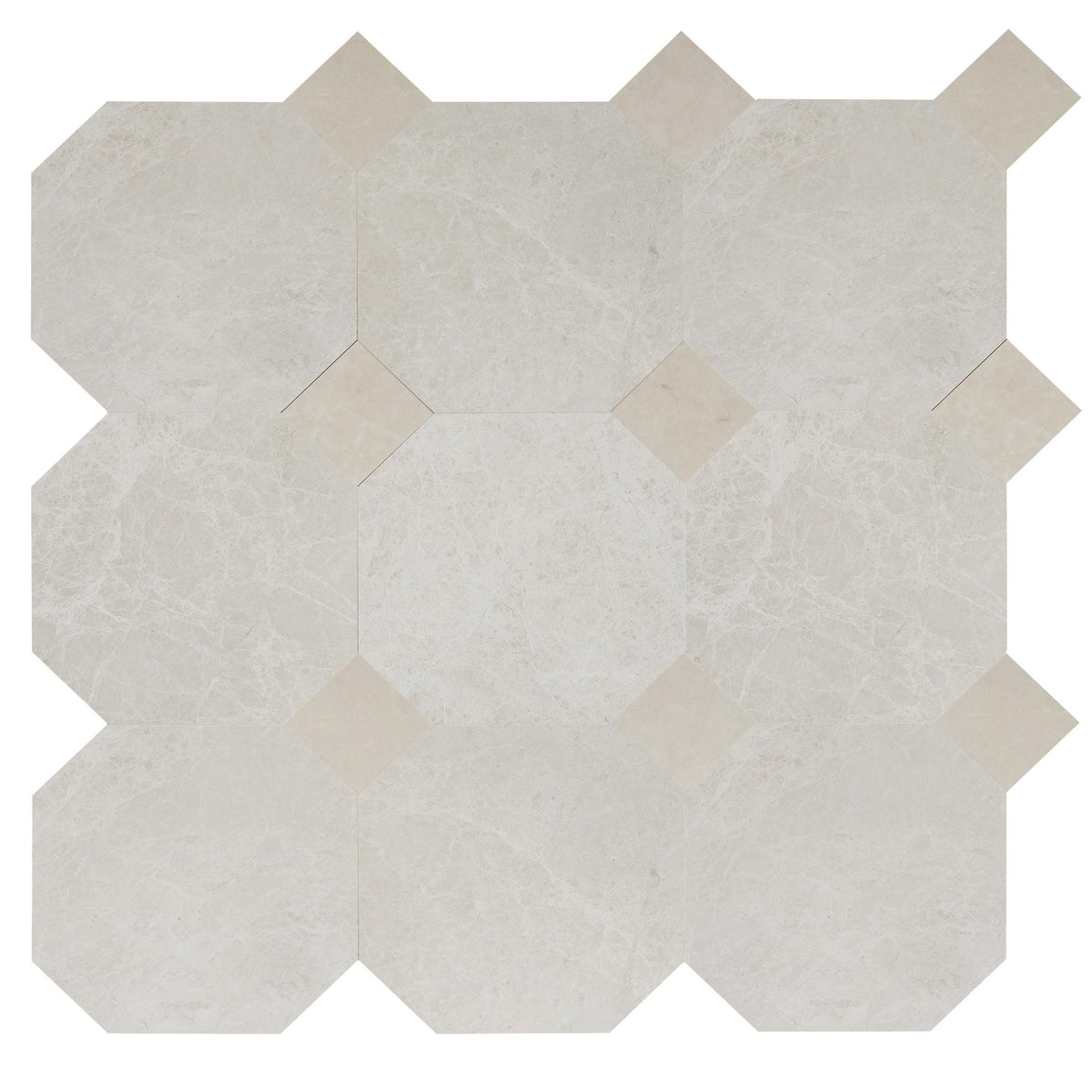 Vanillish Pearl Honed Octagon 12&#39;&#39; 3/8&#39;&#39; Field Tile &amp; Crema Ella Honed 4&#39;&#39; x 4&#39;&#39;  x 3/8&#39;&#39; Field Tile | Octagon with Cabochon