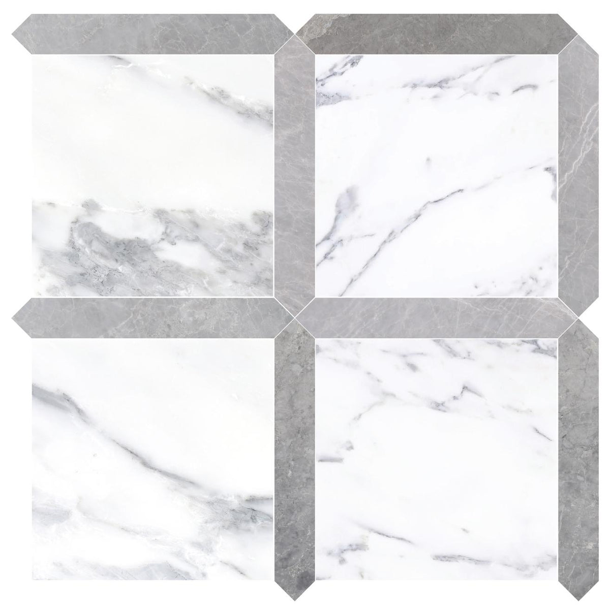 Statuario Honed 12&#39;&#39; x 12&#39;&#39;  x 3/8&#39;&#39; Field Tile &amp; Earth Grey Honed Picket 2&#39;&#39;x12&#39;&#39; 3/8&#39;&#39; Field Tile | Picket Square
