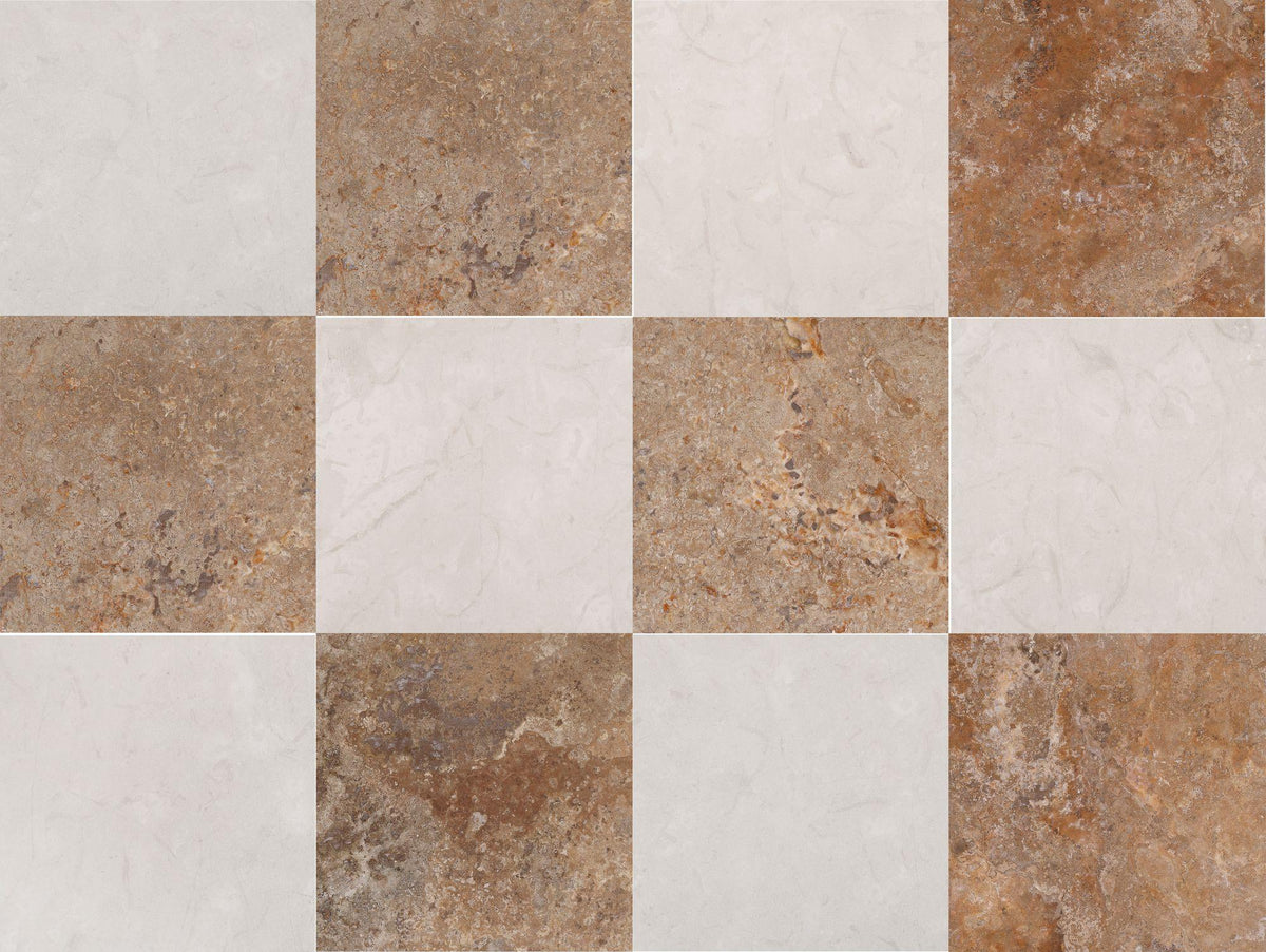 Aero Cream Honed &amp; Kona Brown CC Honed 18&#39;&#39; x 18&#39;&#39;  x 1/2&#39;&#39; Checker Board Field Tile