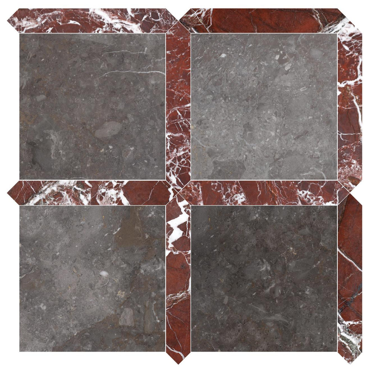 Caribbean Grey Honed 12&#39;&#39; x 12&#39;&#39;  x 3/8&#39;&#39; Field Tile &amp; Rosso Levanto Honed Picket 2&#39;&#39;x12&#39;&#39; 3/8&#39;&#39; Field Tile | Picket Square